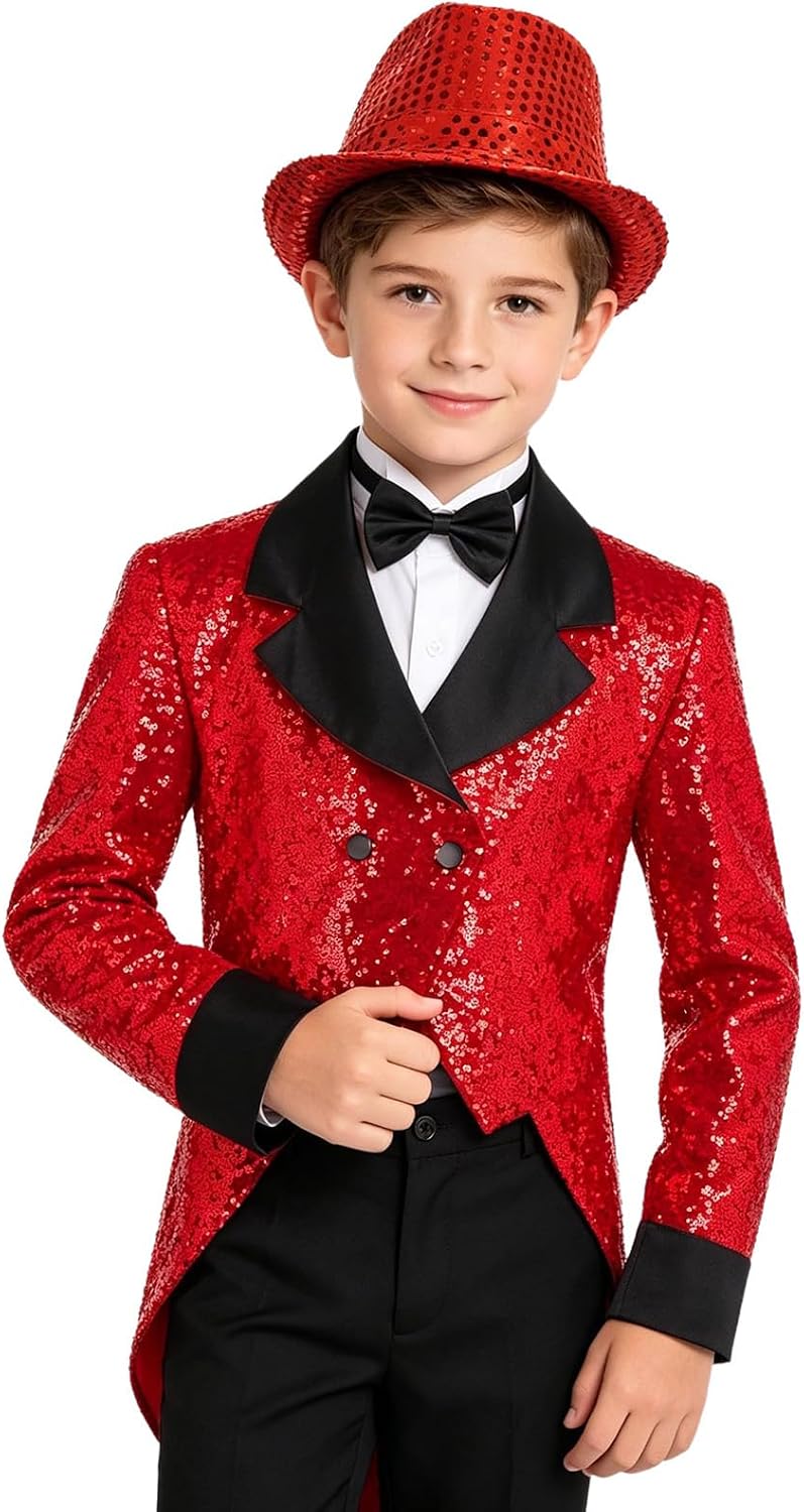 Moily Kids Tuxedo Jacket Circus Magic Shows Dancing Coat Formal Blazer for Party Prom Magician Role Play Set Red 14 Years