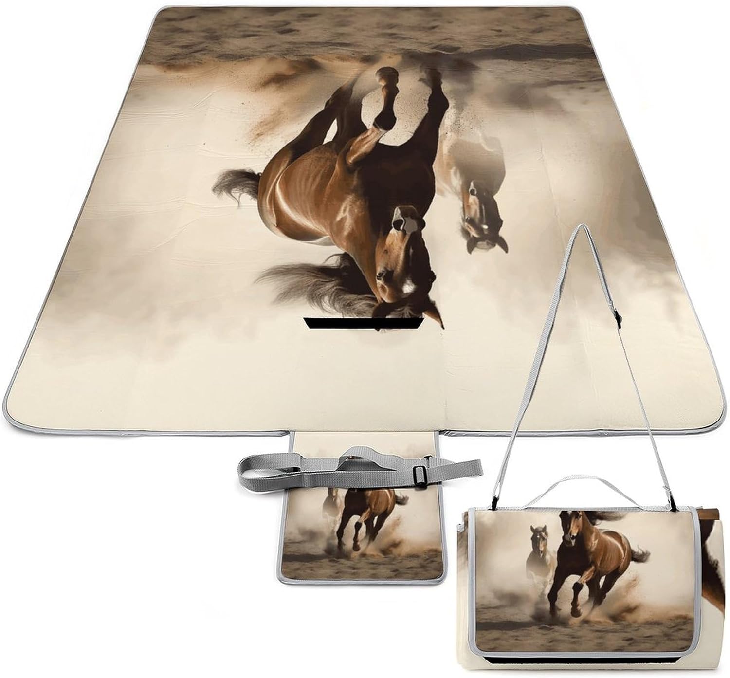 Animals Horse Running Waterproof Picnic Blanket 58.3''x58.3'',Portable and Foldable Picnic Mat with Handle,Outdoor Blankets for Lawn Park Beach Travel