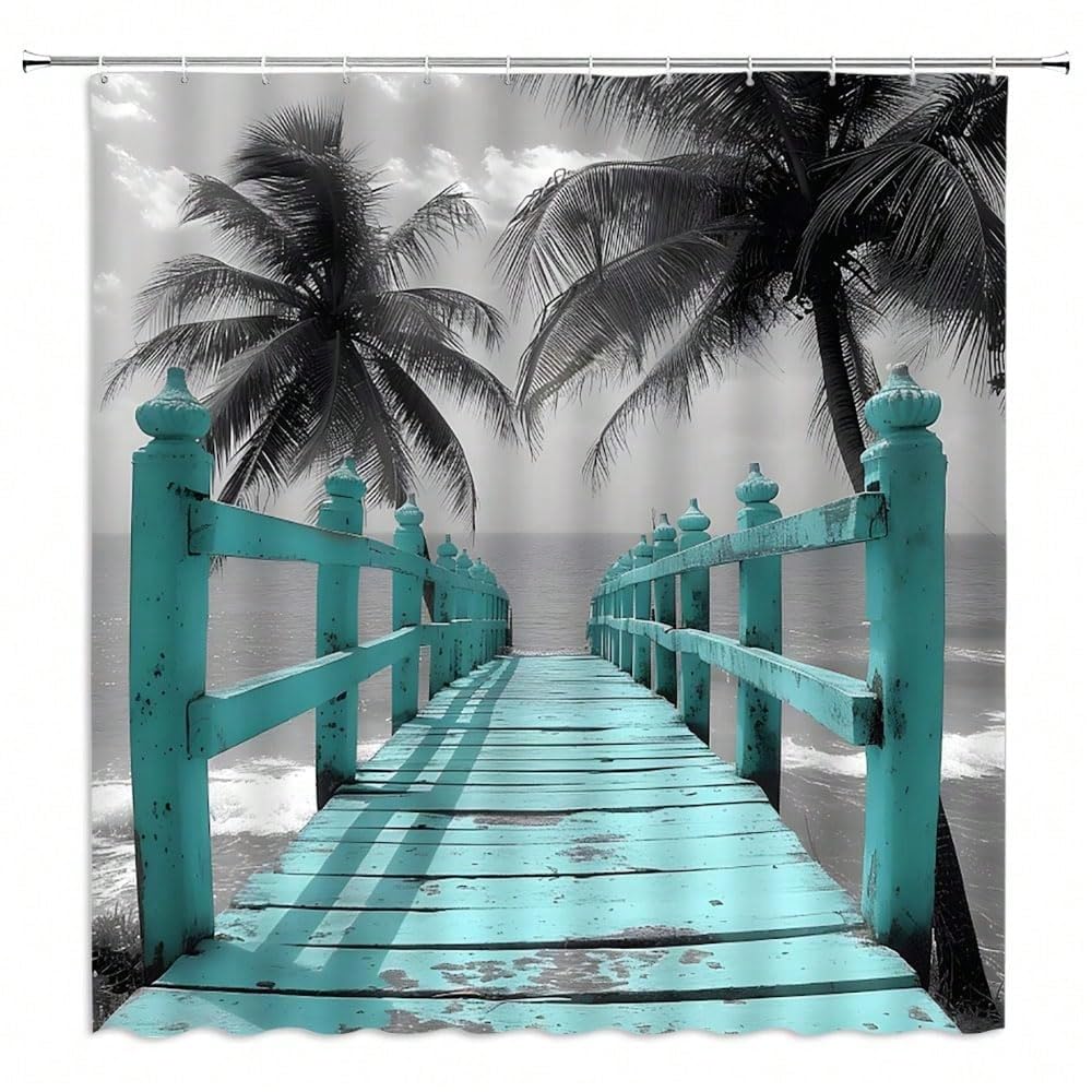 GLKSDLPO Extra Long Tree Shower Curtain Beach Bridge Tropical Hawaii 3D Art Printing Bathroom Shower Curtain for Wet Room(138x214cm/54x84in(WxH)