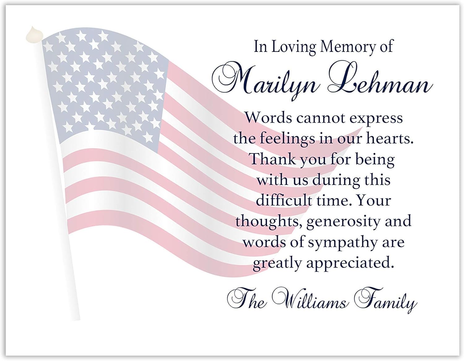 Sympathy Acknowledgement Cards, Funeral Thank You and Bereavement Notes Personalized with American Flag - Envelopes Included
