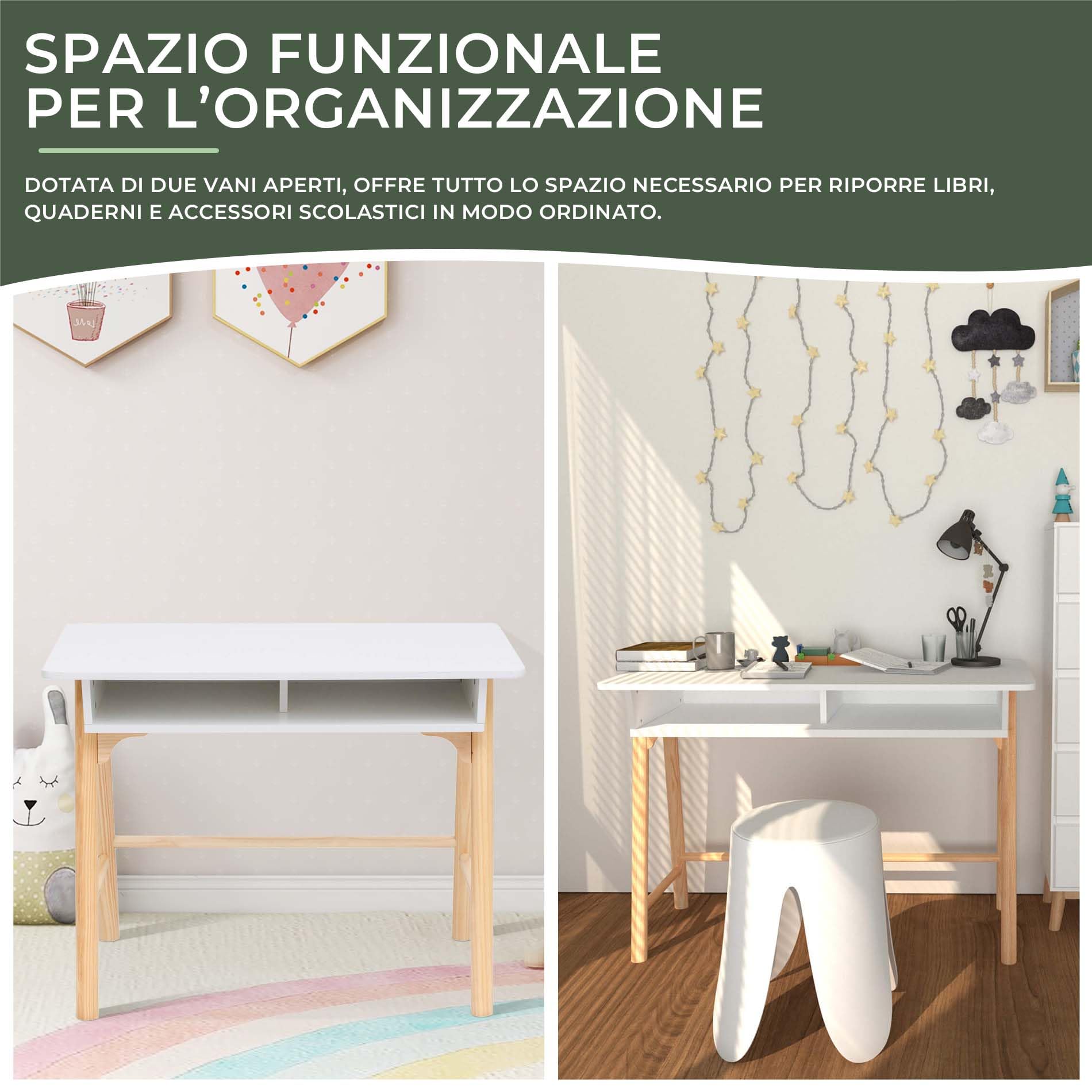 Rebecca Mobili Scrivania per Bambini, Tavolino Montessoriano, Bianco Marrone, MDF Pino, con Vano, Bordi Arrotondati - Misure HxLxP: 70 x 90 x 50 cm - Art. RE7134