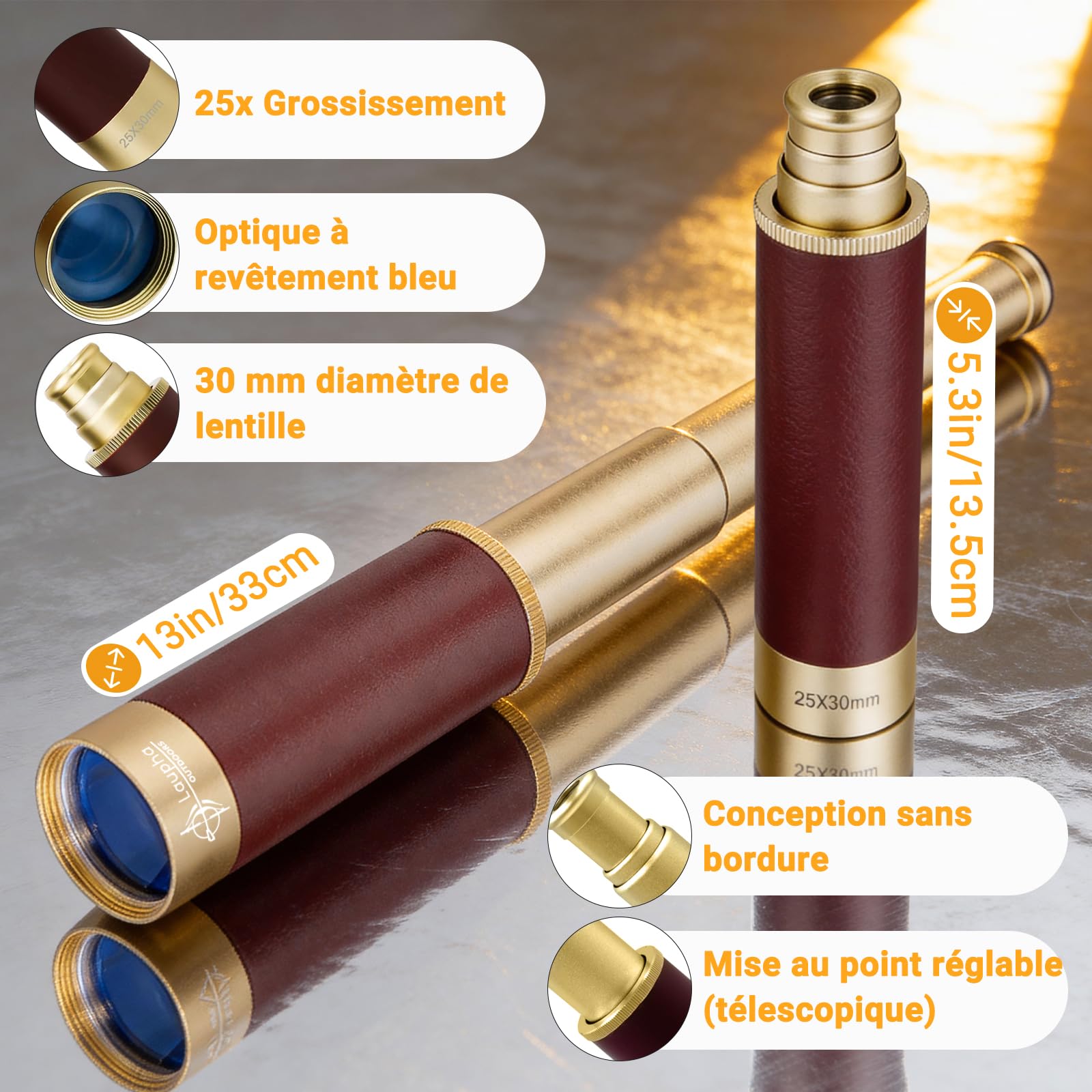 Télescope Pirate Rétro Monoculaire Zoomable avec Carte au Trésor 25x30 Vintage Longue Vue Enfant Lentille BAK-4 Imperméable Mini Télescope avec Boussole pour Camping Observation des Oiseaux