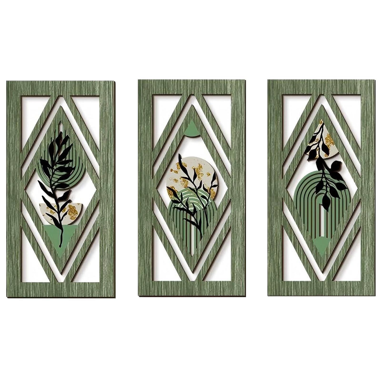 BRTNUP 3PCS Boho Wall Art Set, Wooden Wall Art Wooden Wall Decor for Living Room Bedroom Hallway Bohemian Botanical Hanging Bohemian Home Decor Modern Farmhouse Geometric Wall Hanging (Green Leaves)