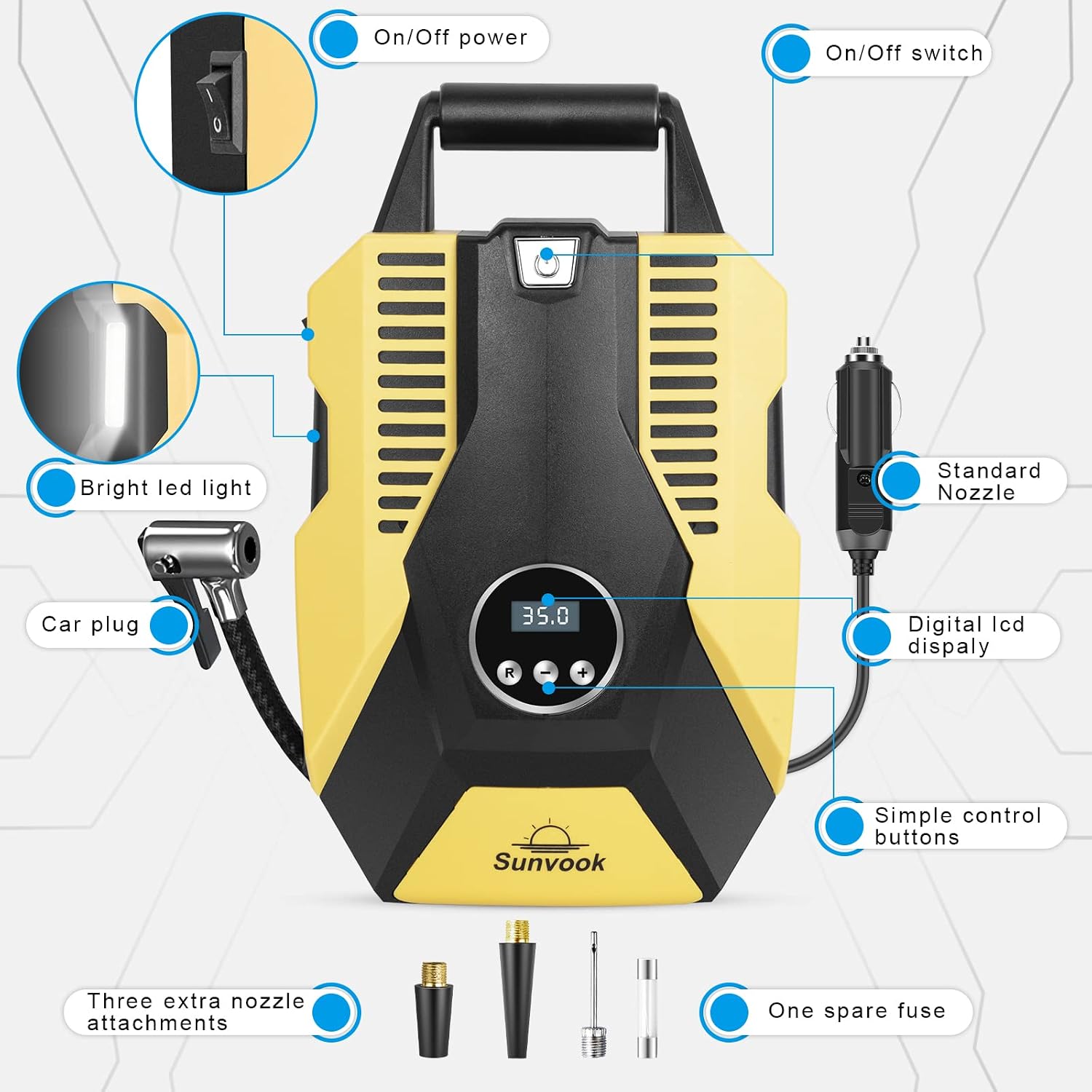 Tire Inflator Portable Air Compressor, Auto Digital Tire Air Pump with Emergency LED Light 12V DC, Long Cable for Car Tire, Bike Tire Motorcycle Tire, balls and Other Inflatables (yellow)