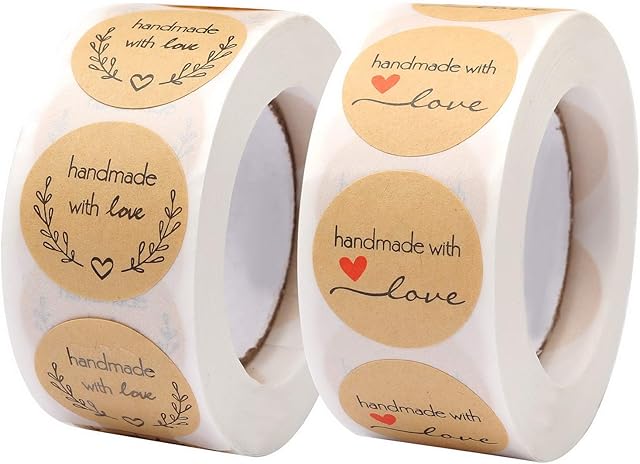 1000 Pcs Handmade with Love Stickers, Round Self-Adhesive Baking Sticker for Wedding Thanksgiving Baking Gifts Bags, Crafts (2 Style)