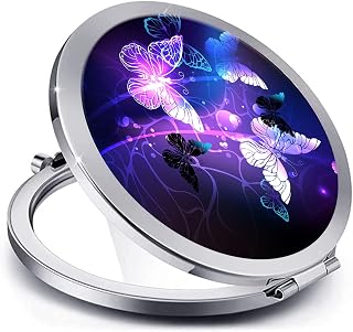 LONNAONE Compact Folding Pocket Mirror for Women - Double Sided 1X & 2X Magnifying Travel Makeup Mirror, Silver Purple Butterfly Design