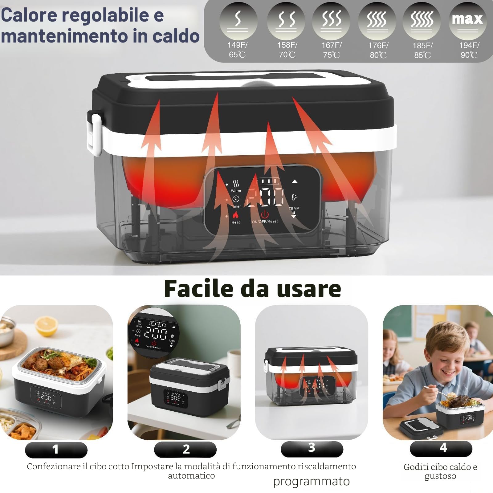 Ciotola riscaldante con batteria, 1L rimovibile in acciaio inossidabile, lunch box riscaldante con riscaldamento programmabile, lunch box elettrica ricaricabile per viaggio, ufficio, scuola, auto (B)