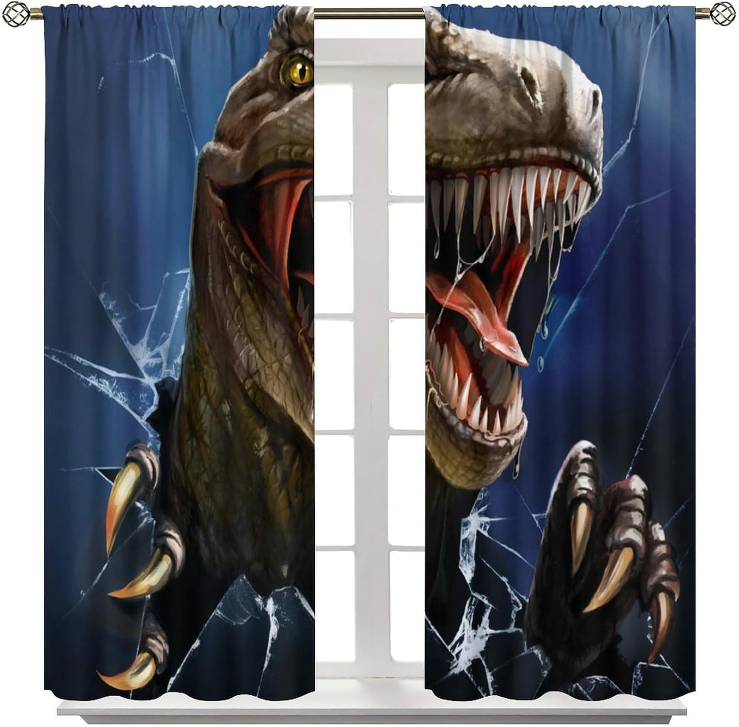 Brebasf Funny Ancient Dinosaur Theme Blackout Curtains Cool Tropical Jungle Dinosaur Breaking Through Glass Window&Drapes Thermal Insulated Darkening Rod Pocket Curtains 2 Panels 63" L x 31.5" W