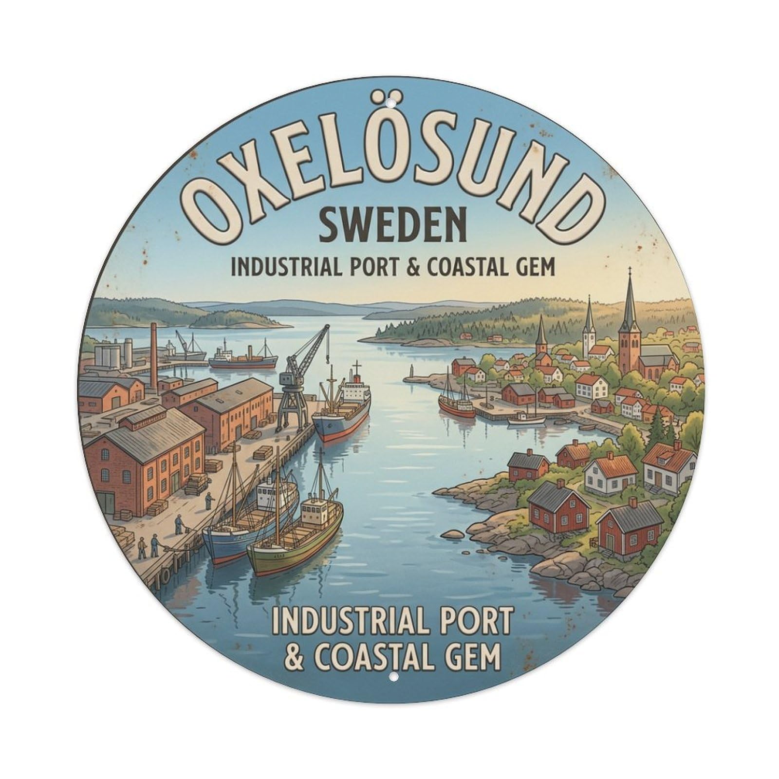 Vintage Travel Oxelosund Sweden Harbor Metal Tin Sign