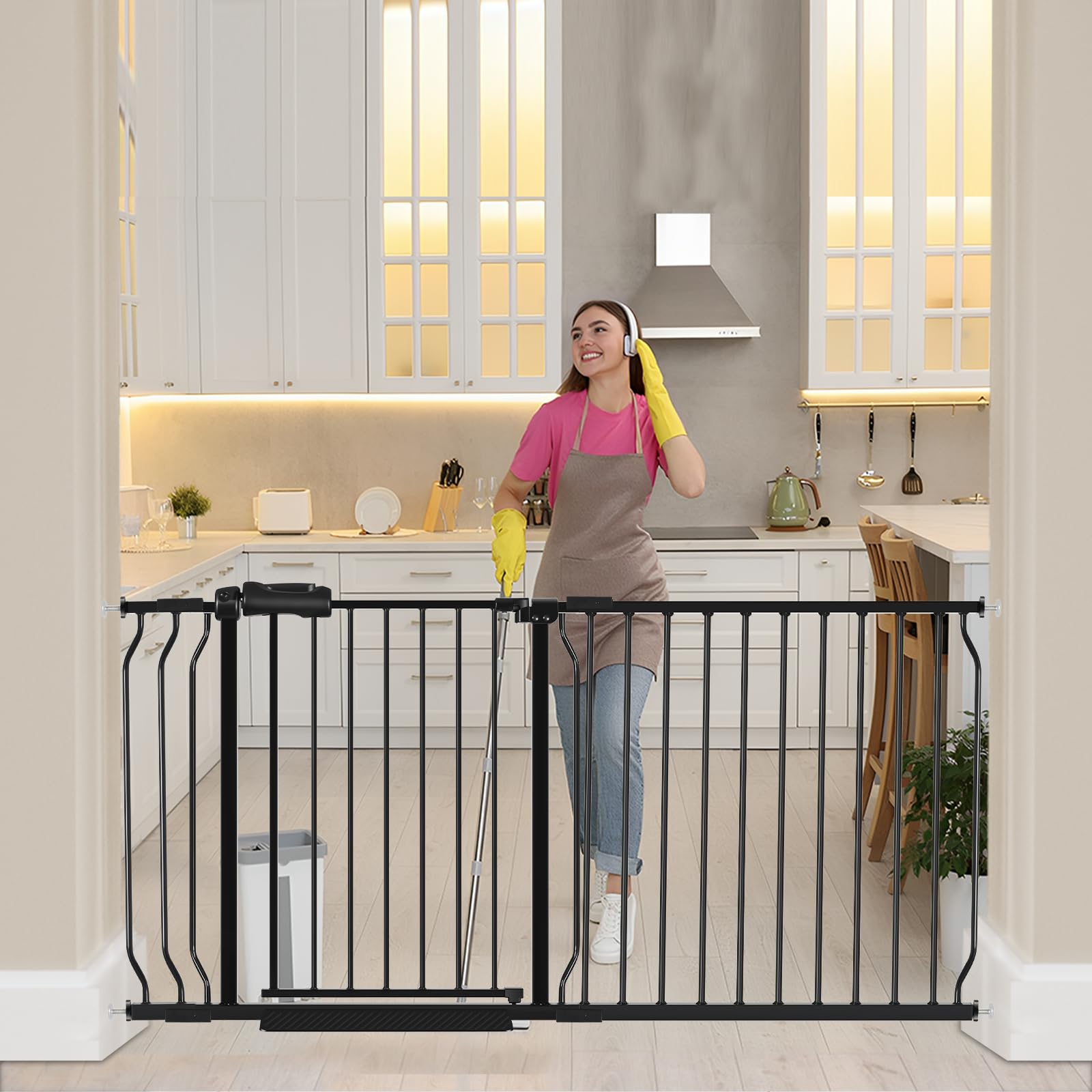 HOOEN 30" Tall Extra Wide Baby Gate for Doorways Stairs 62 to 67 Inch Large Long Pressure Monuted Dog Gate Black Tension Baby Gate Walk Through Safety
