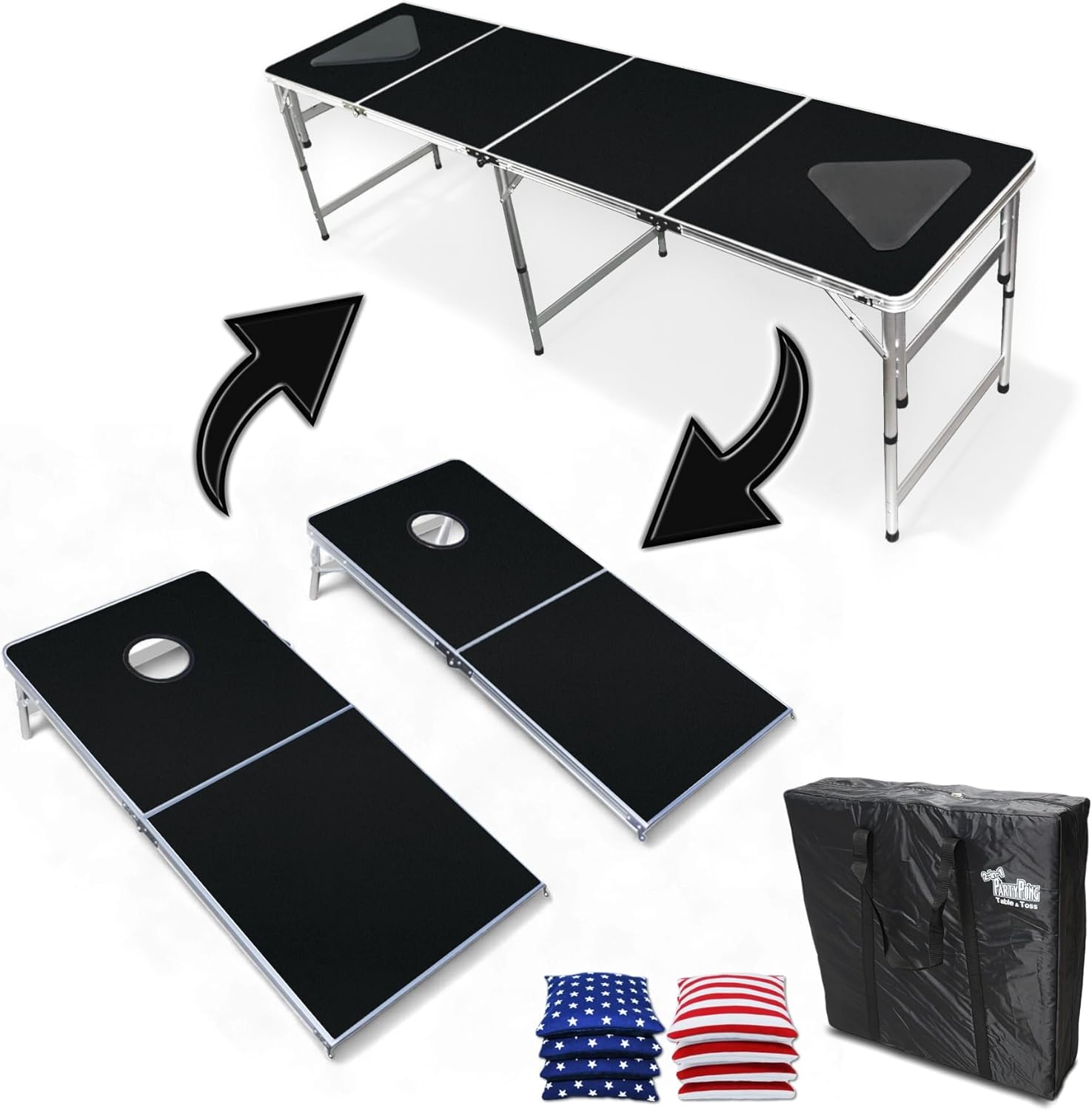 New & Improved 2-in-1 Cornhole Boards & Party Pong Table w/Optional LED Lights (Black-USA-Football-Wood-Custom) - Choose Your Model