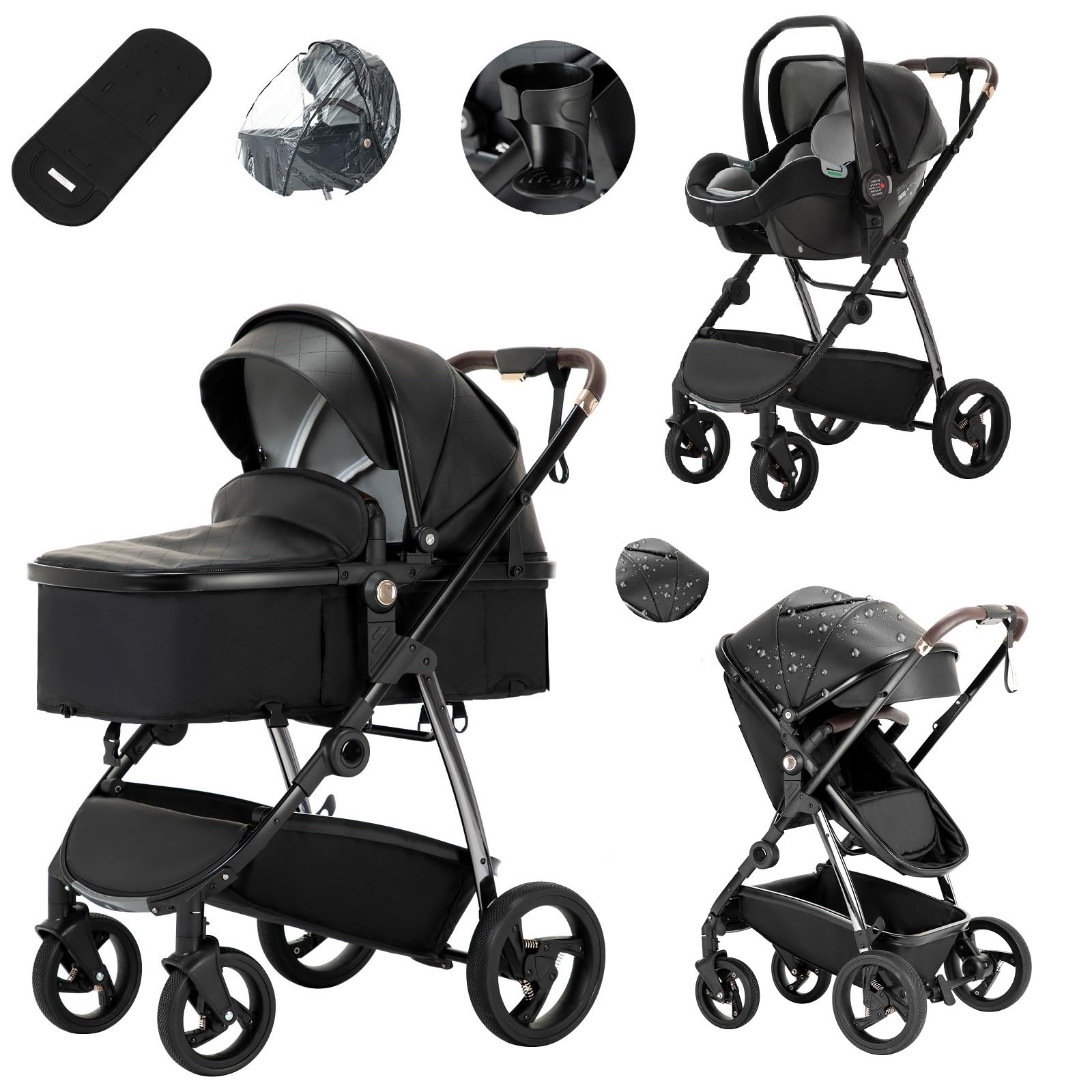 Lnhcrbs Baby Prams 3 in 1 with Car Seat, Lightweight Easy-Fold Aluminum Frame Stroller for Babies 0-4 Years (22kg) with Cup Holder & Rain Cover