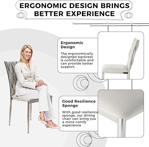 Miniatura 6 de Juego de 4 sillas de comedor de terciopelo, modernas sillas de cocina tejidas con patas de metal plateado, cojín tapizado con respaldo alto,