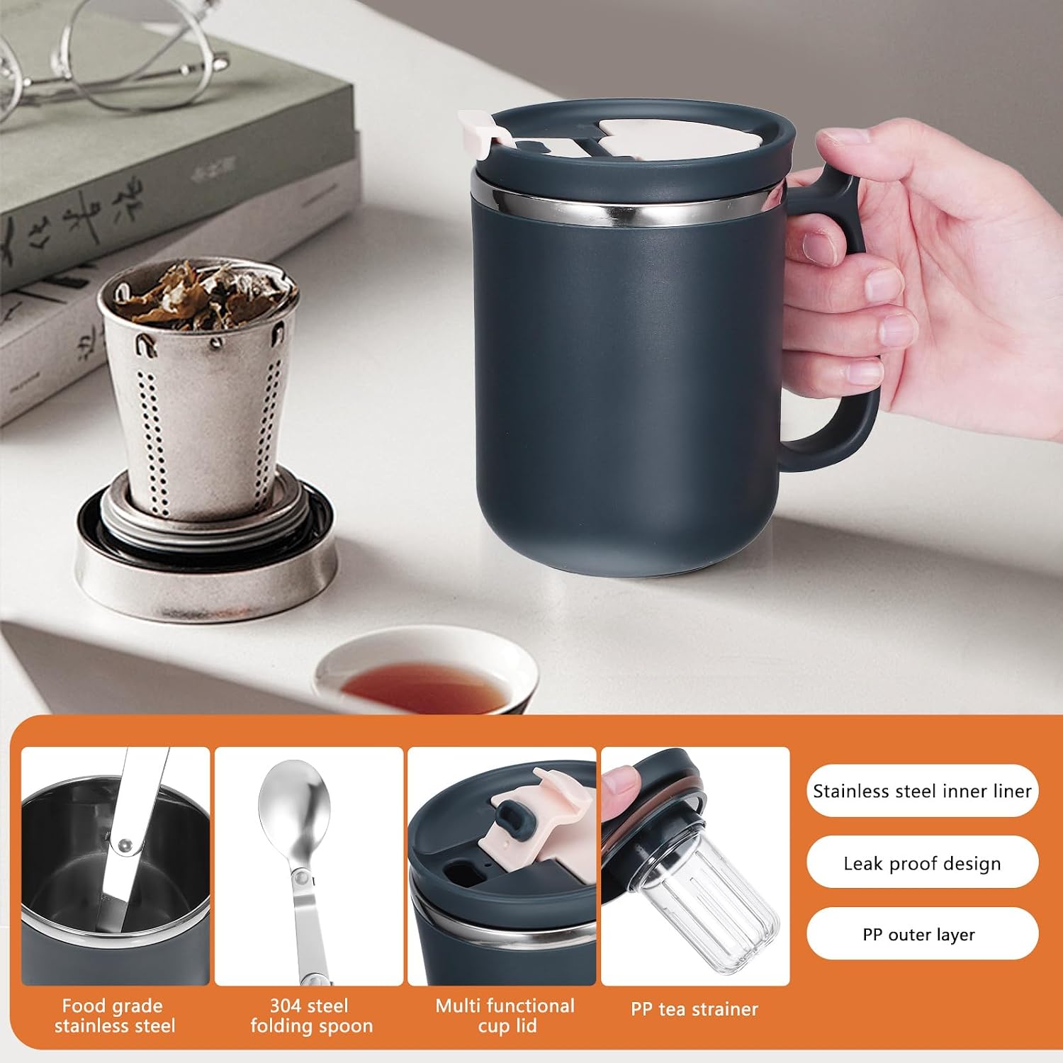 Cabilock Multifunctional Drinking Mug with Spill Proof Cup Lid and Tea Infuser Portable 3.54 Inch Water Cup for Hot and Cold Beverages Ideal for Office and Outdoor Use