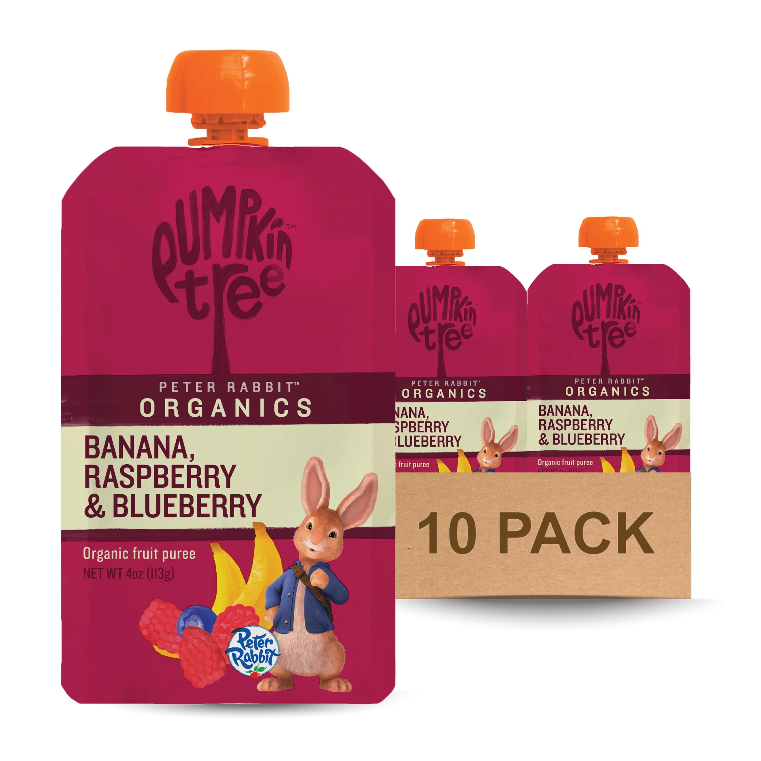 Peter Rabbit Organics, Organic Raspberry, Banana and Blueberry 100% Pure Fruit Snack, 4 oz. Squeeze Pouches (Pack of 10)