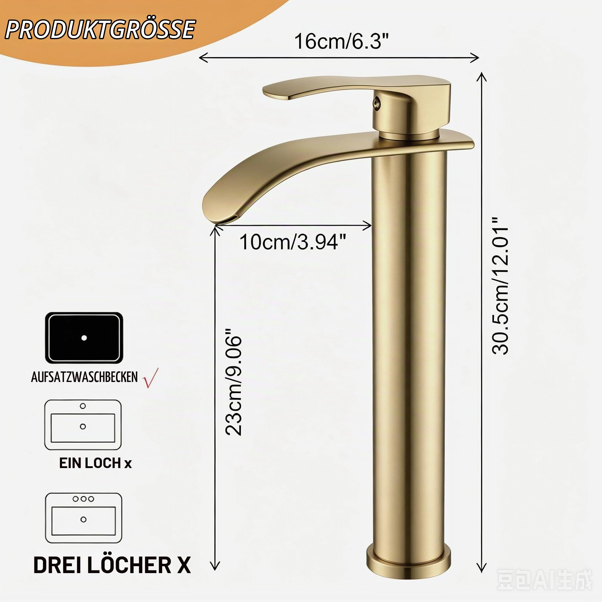 Beelee Edelstahl Wasserfall Küchenarmatur Gebürstetes Gold Einhebelmischer | Robuster Edelstahlkorpus gegen Korrosion, Hoher Auslauf Hochhahn, Einhandbedienung, 3/8 Zoll Anschlüsse für einfache Montage