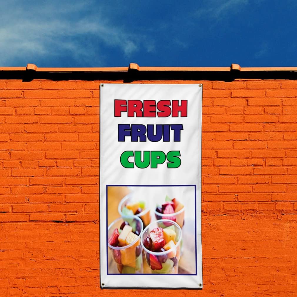 Vertical Vinyl Banner Multiple Sizes Fresh Fruit Cups Food Fair Restaurant Cafe Market Restaurant and Food Outdoor Weatherproof Industrial Yard Signs 4 Grommets 40x16Inches