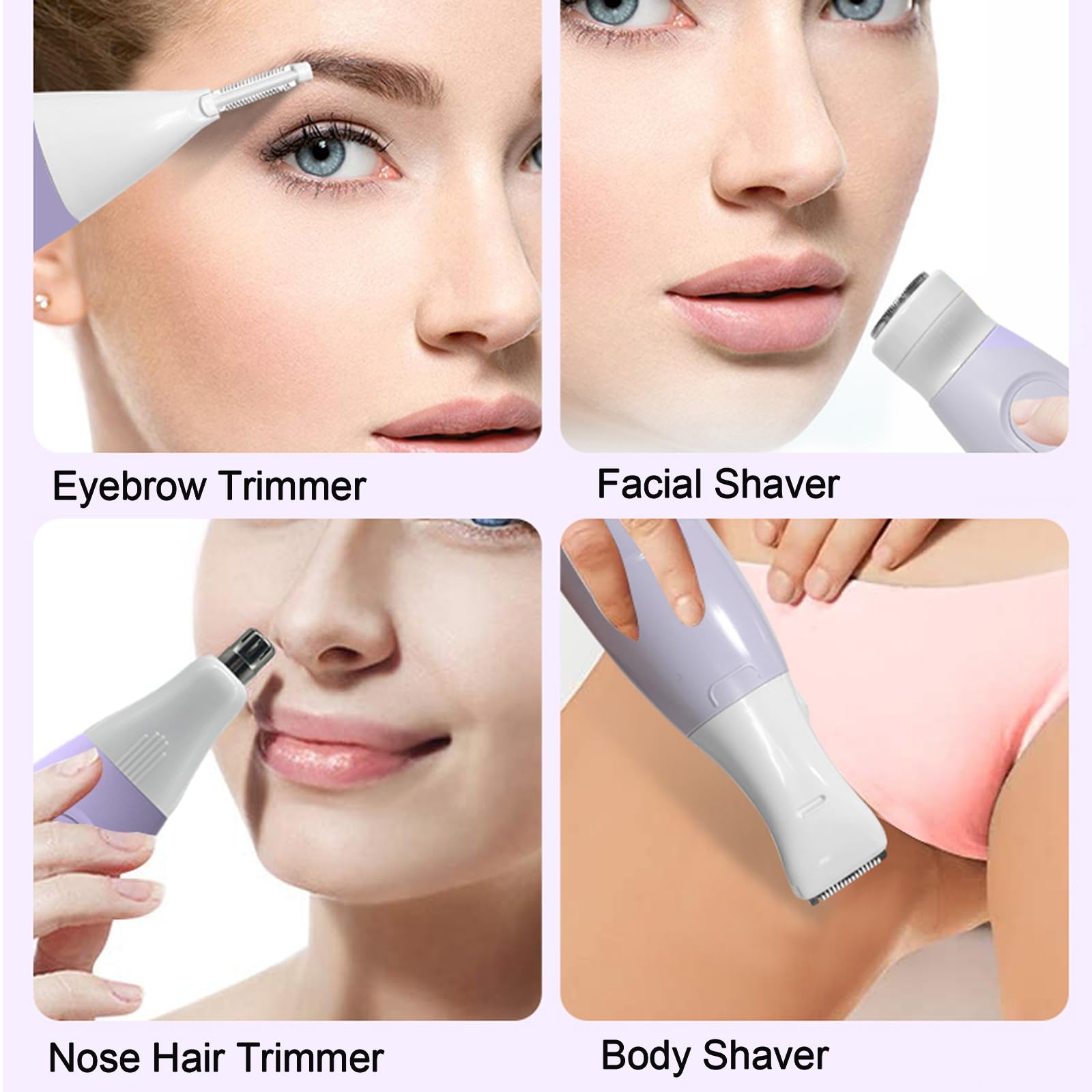 Maquinillas de afeitar eléctricas para mujer, recortadora de bikini para mujer, multifunción 5 en 1, kit de afeitadora para cara, nariz, cejas, brazos, axilas, piernas, área púbica 4