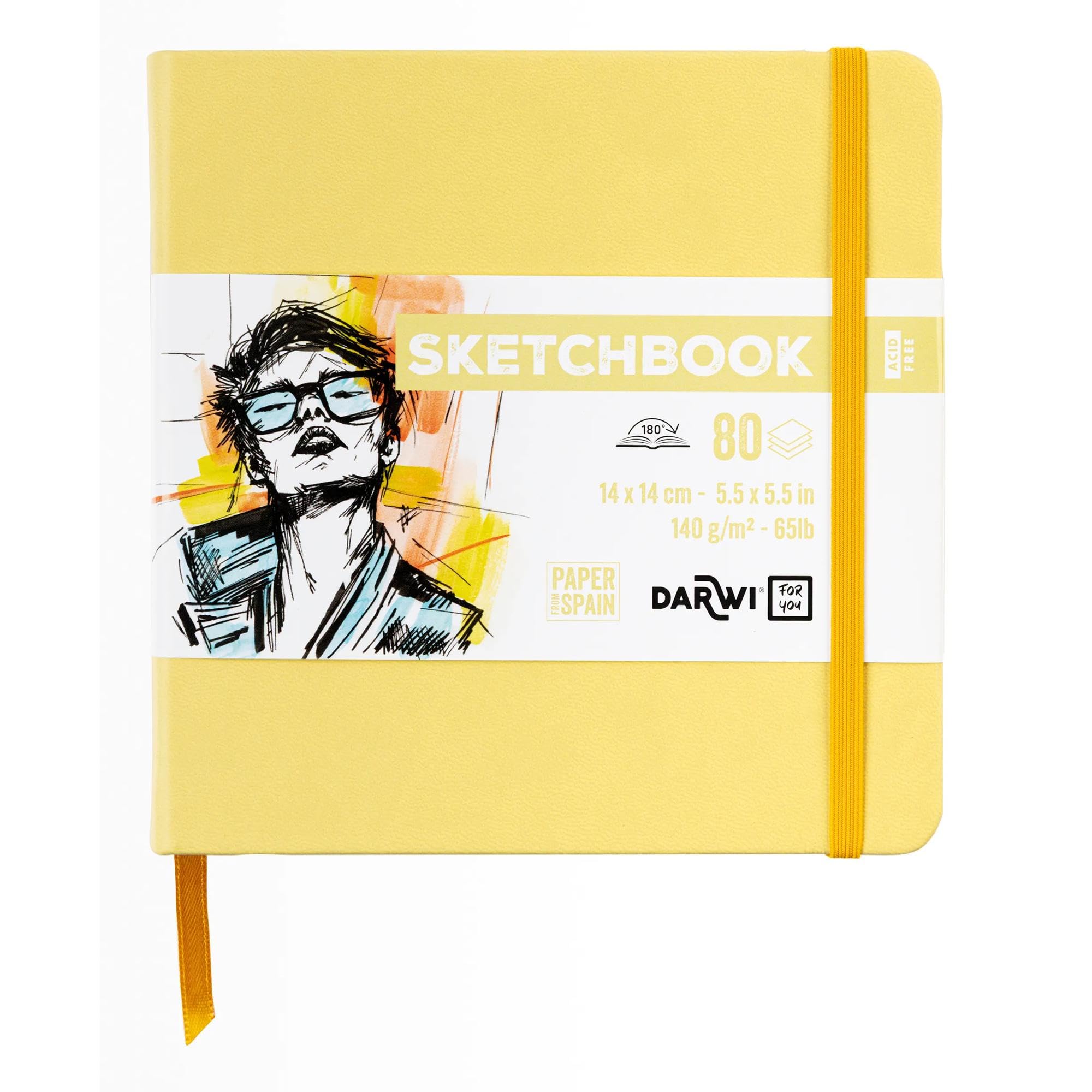 Darwi for You DF80014140002C - Carnet Cousu Sketchbook 14x14 cm 140g - 80 Feuilles Papier Dessin Blanc - Couverture Rigide Jaune Pâle