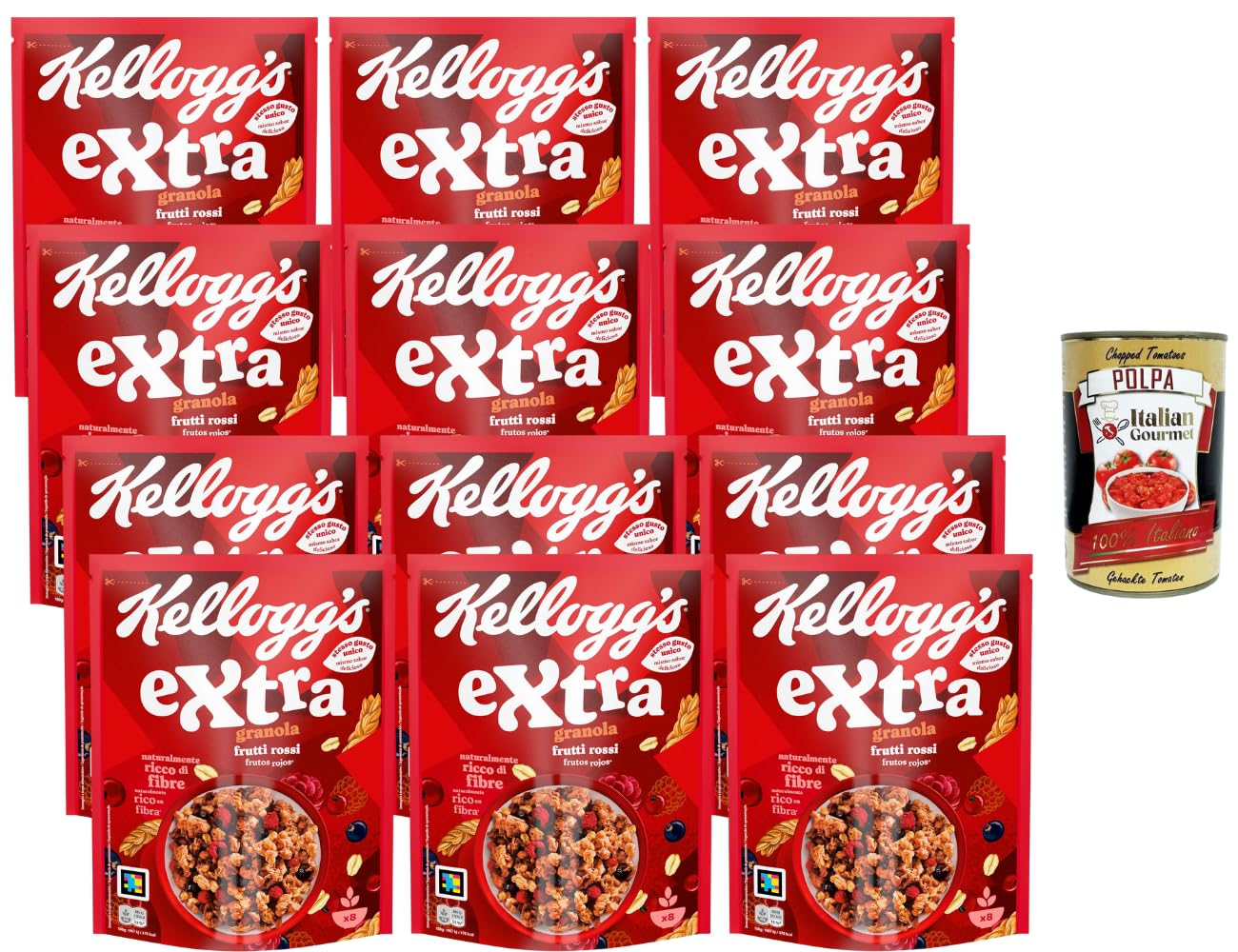 Italian Gourmet Knusper-Granola cereali frutti rossi 12 x 375g Frühstück | Mix ricco di fibre per latte o yogurt; crunchy Müsli mit Beeren, praktische, Gesamtnettogewicht 4,5 kg + Kostenlos Polpa 400g