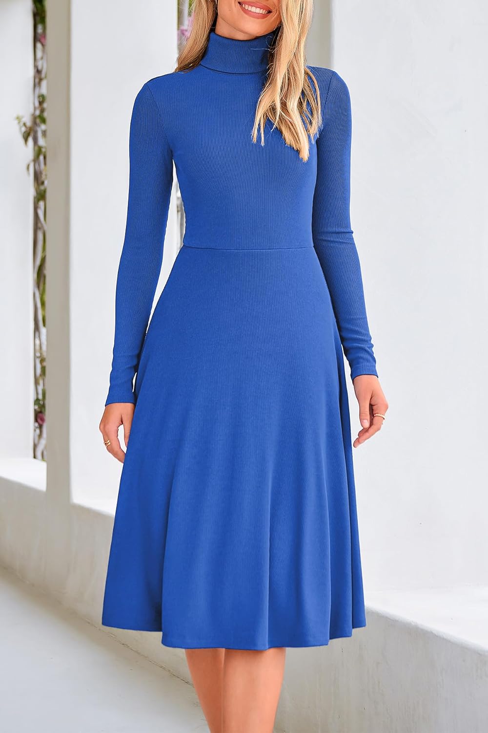 CFLONGE Women's Casual Ribbed Knit High Neck Dress Long Sleeve Fall Dress for Women 2025 Lightweight A Line Flare Dresses - Image 3