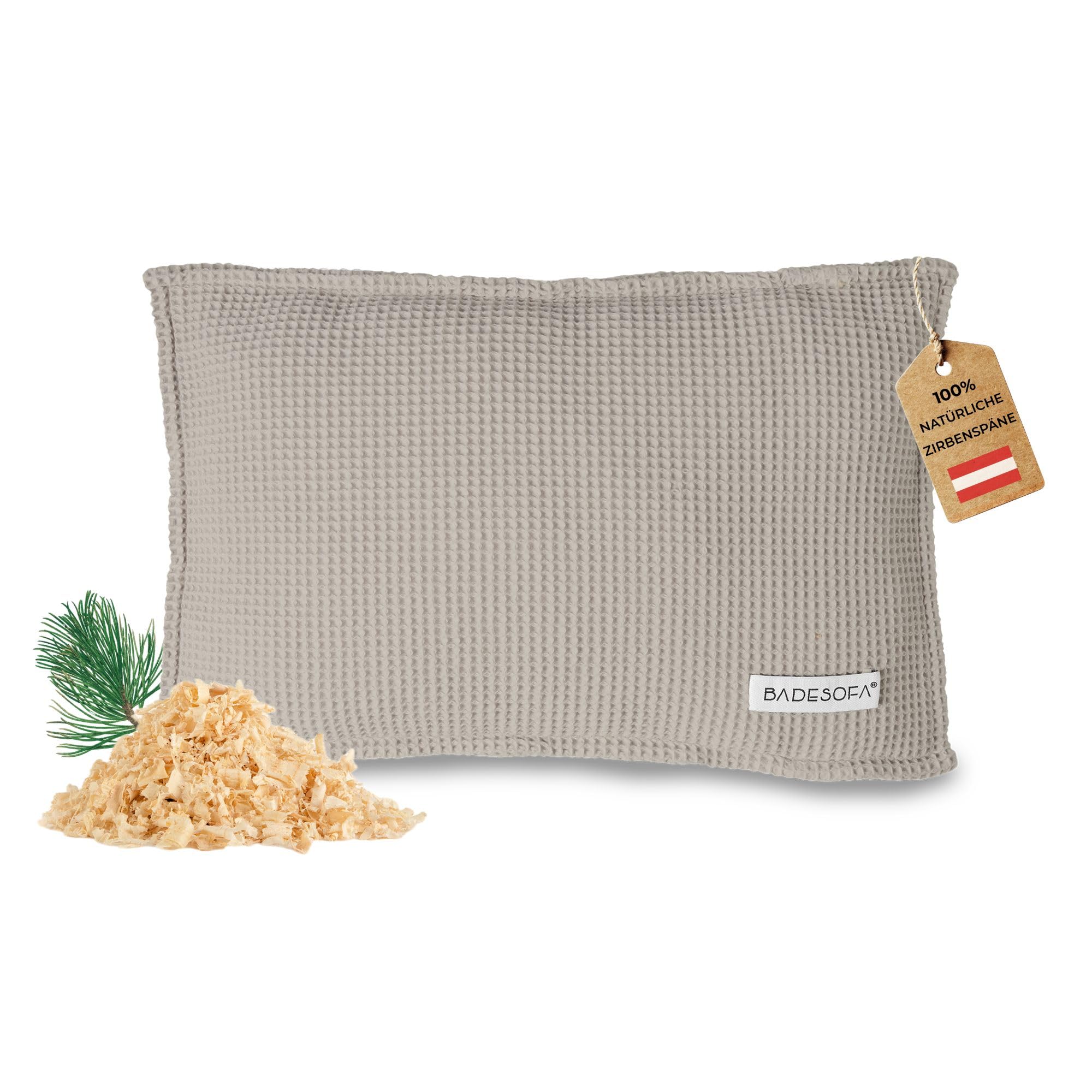 SAUNASOFA™ Zirbenkissen für Sauna – Duftkissen aus 100% Bio-Baumwolle, skandinavisches Design – Handgefertigt in Europa – Nackenstütze & Sauna Zubehör aus natürlicher Zirbe – 26x40 cm