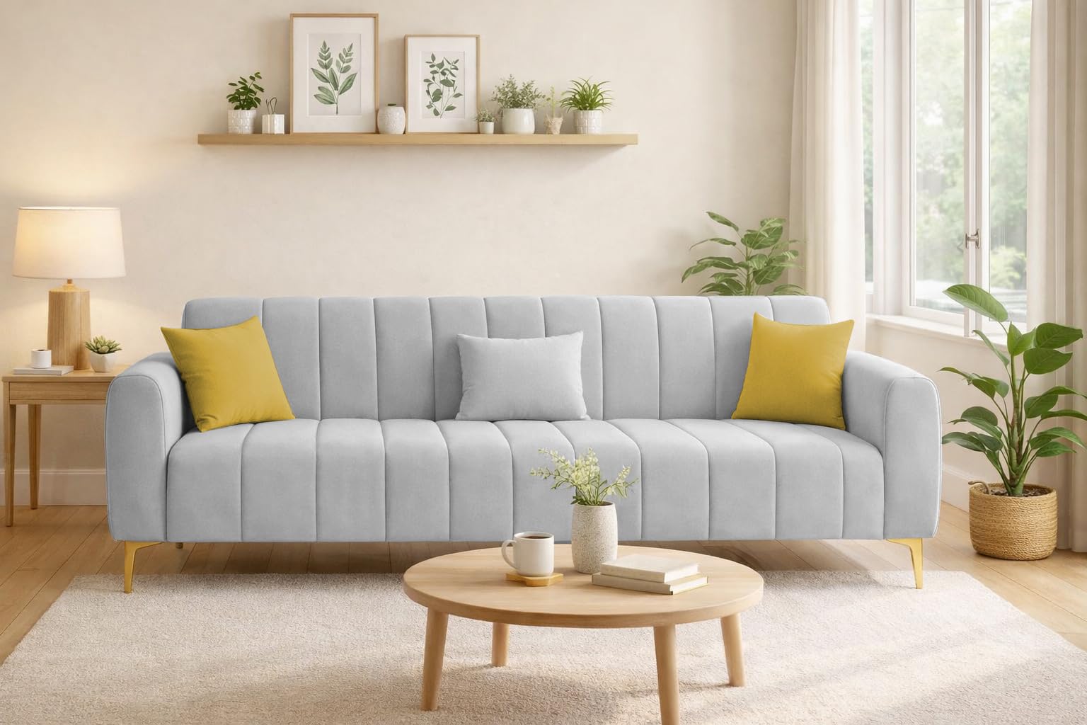 Velour Modern Velvet Sofa, Tufted Design Upholstered 3 Seater Sofa Set for Living Room, (Grey Colour) Premium Velvet Fabric Sofa-image-13