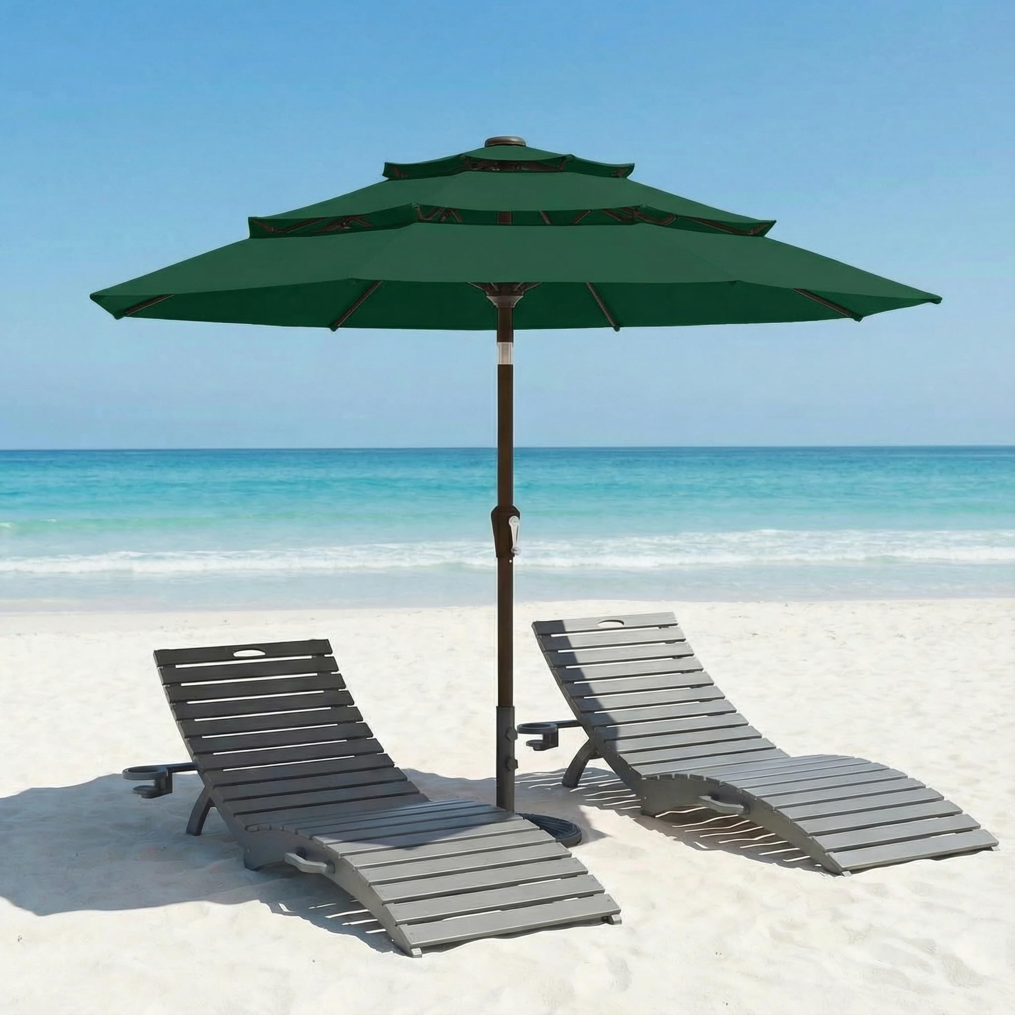 10ft patio umbrella, 3 tier outdoor market table umbrellas with 8 fiberglass ribs and push button tilt, windproof, vented canopy, uv protection for deck, pool, backyard