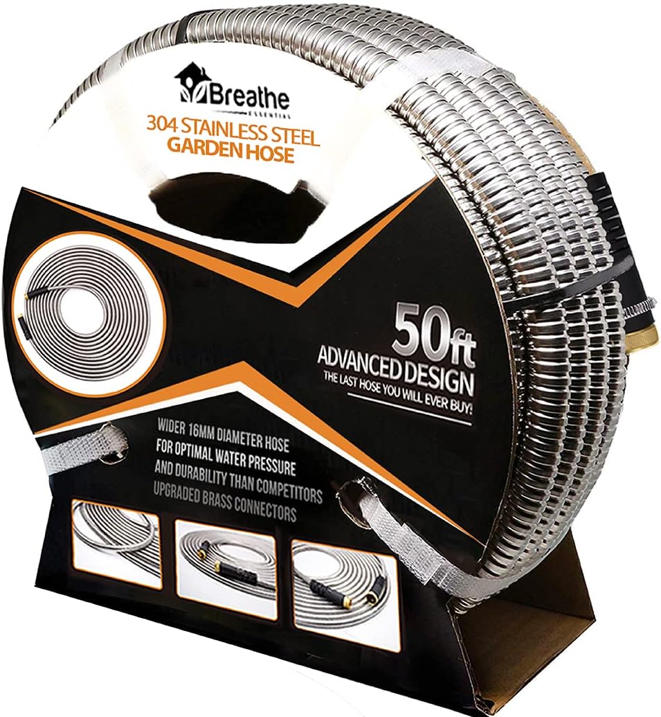 Flex-Steel Garden Hose (50ft): 304 Stainless Steel with Premium Brass Connectors, Wider 5/8" Diameter for Optimal Water Pressure - Ultra Durable, Lightweight, Flexible, Kink-Free, and UV Resistant