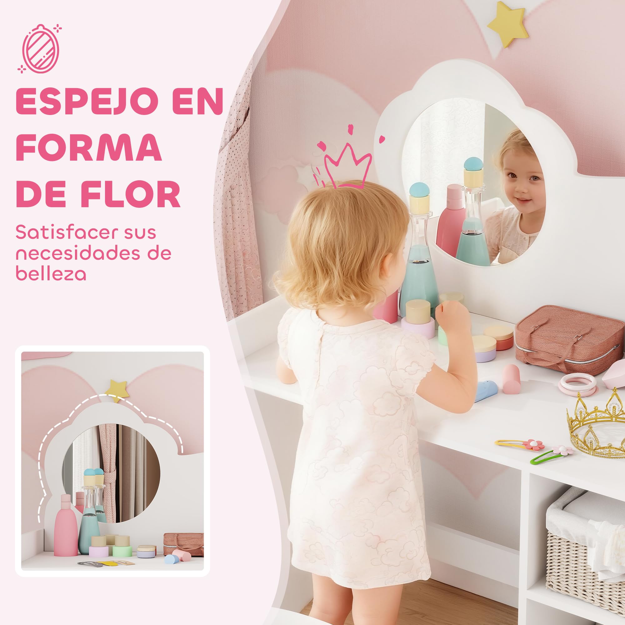 AIYAPLAY Tocador de Maquillaje Niña, 2 en 1, Escritorio, Tocador Infantil con Taburete, Espejo en Forma de Flor, Estantes Abiertos, para Niños +3 Años, Blanco