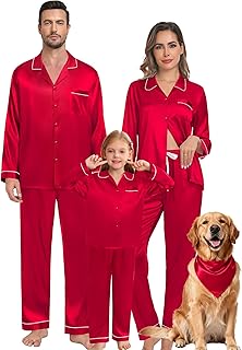 SWOMOG Family Matching Pajama Set 2Pcs Silk Satin Sleepwear Long Sleeve Button Down Loungewear