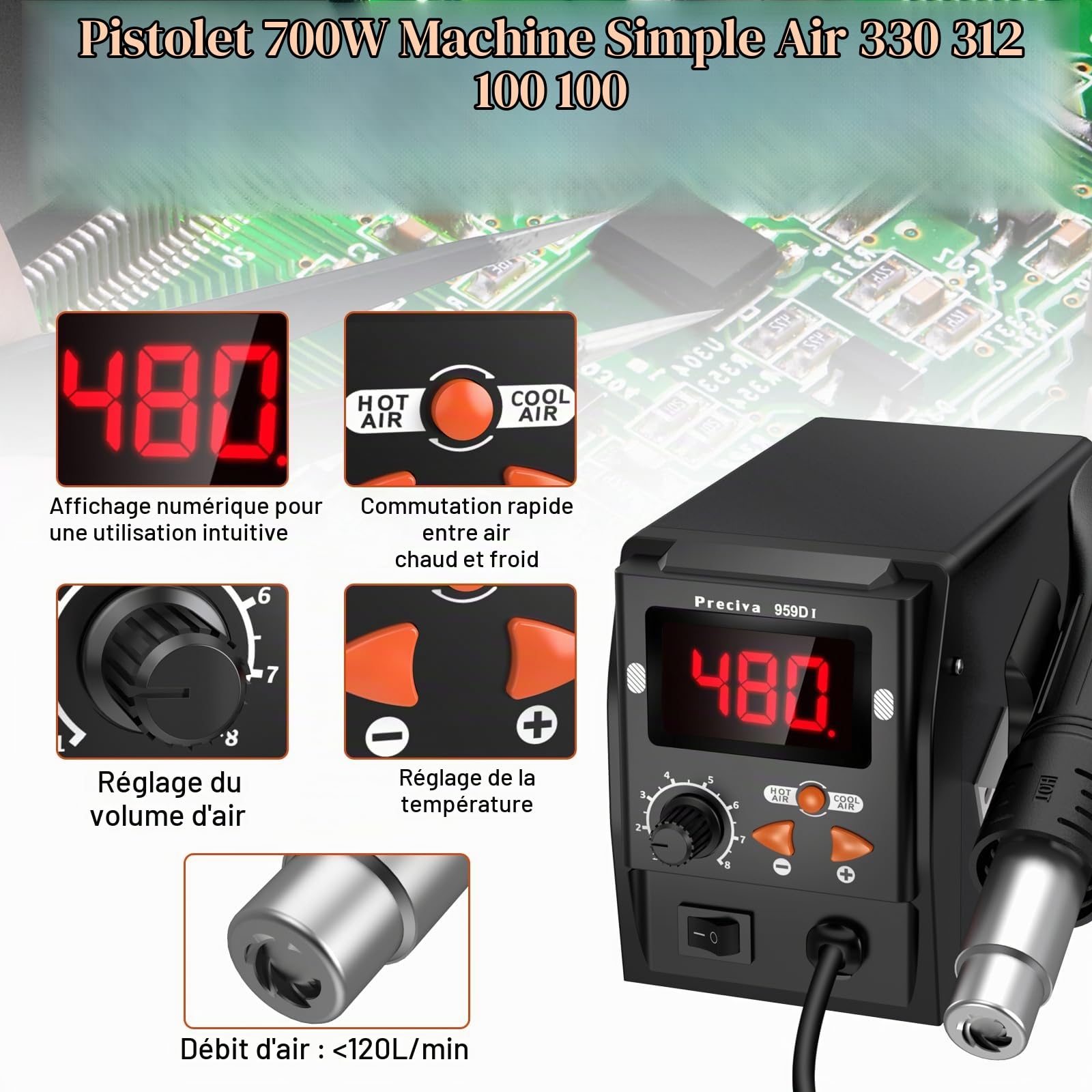 959D-I Station de Dessoudage à Air Chaud 700W pour Soudure et Desoudeur SMD, Stations de Debrasage avec Écran LCD, Température et Volume D'air Réglable, Pistolet Airs Chauds pour Fondre L'étain