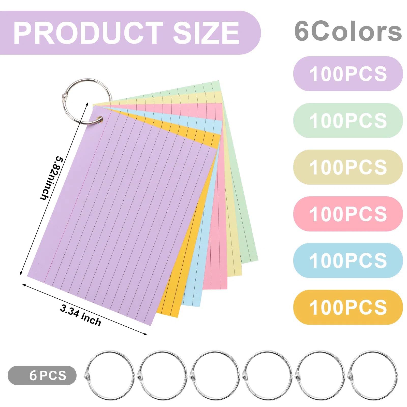 ABCDPP A6 Revision Cards, 600Pcs Lined Flash Cards with Metal Binder Ring - Image 4