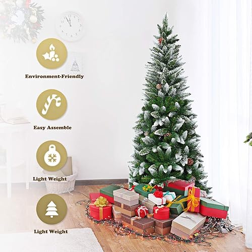 Miniatura 12 de GOFLAME Árbol de Navidad flocado de nieve de 5 pies, árbol de Navidad artificial con piñas y soporte de metal, decoración navideña tradicional