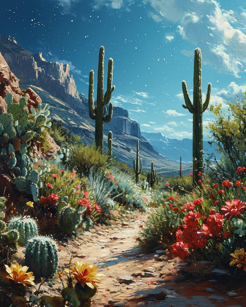 Cross-Stitch Stamped Kits, Desert Cacti Under Stars, Embroidery Crafts Needlepoint Kit, Beginners Starter Kits, DIY Handmade Gifts 11CT 3 Strands 16x20 inch, Meticulously crafted