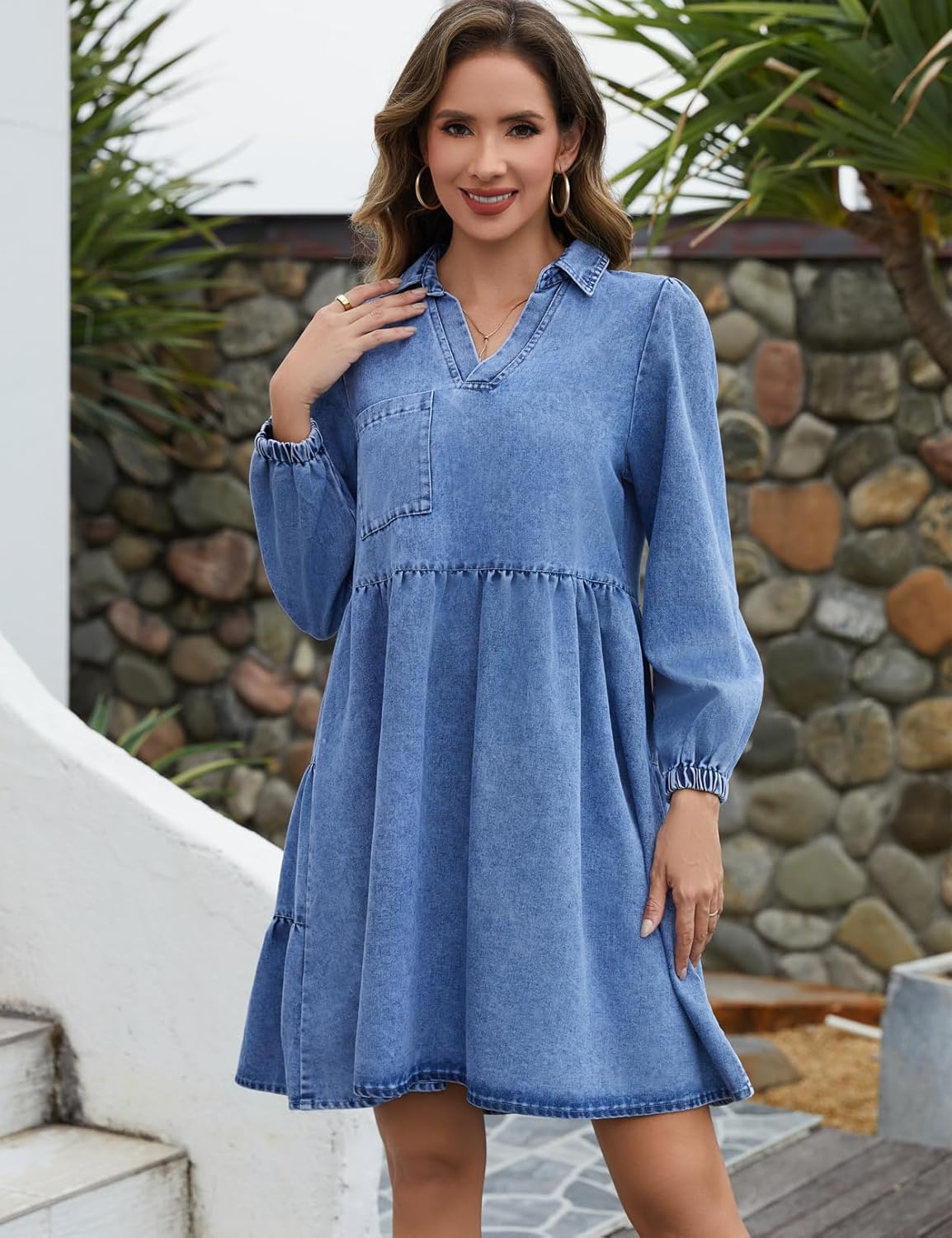 Denim Dress for Women Long Sleeve V Neck Tiered Casual Babydoll Mini Jean Shirt Dresses - Image 6