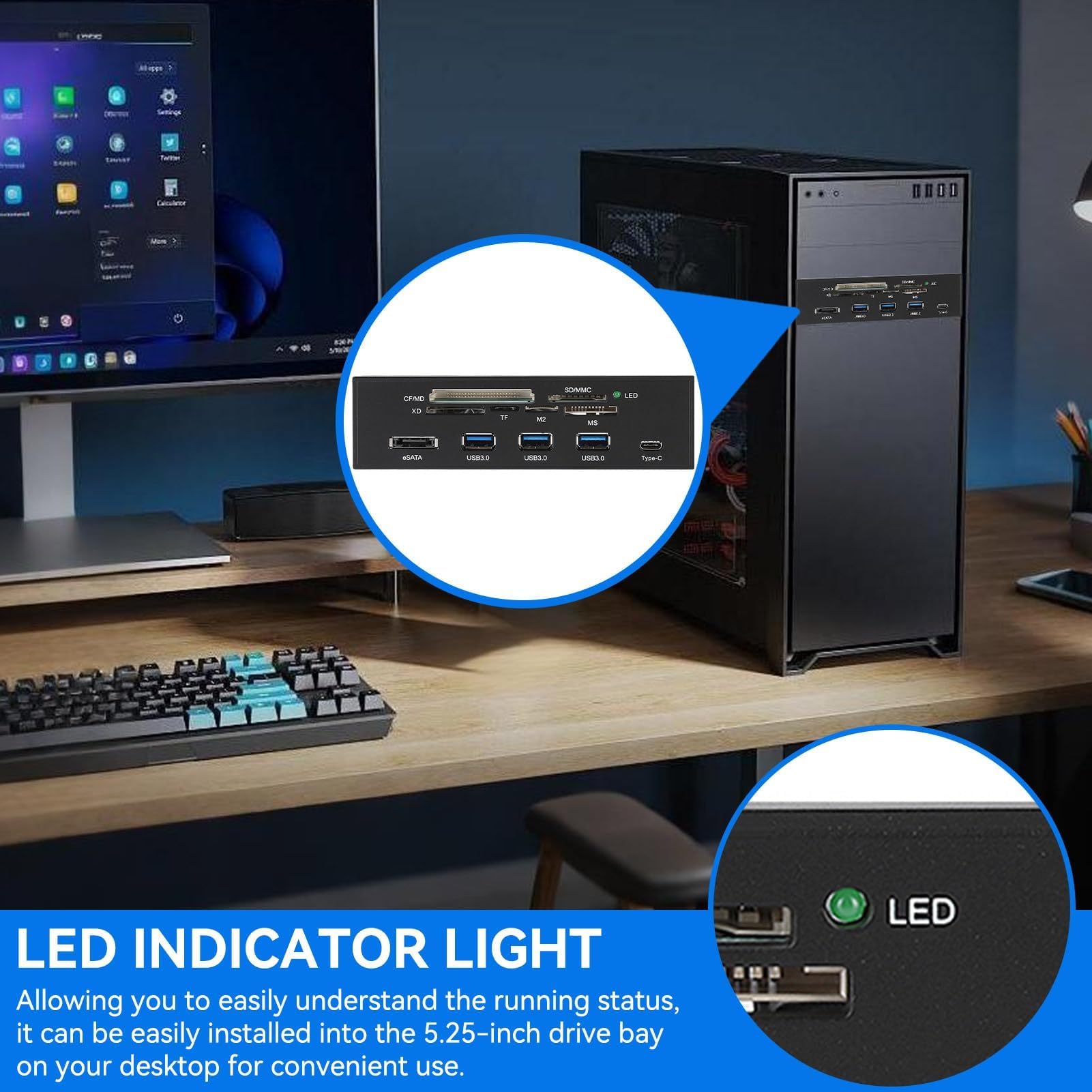 Lecteur De Carte Interne, 5,25 Pouces USB 3.0 Interface PC Panneau Avant Lecteur De Carte Interne Hub Lecteur De Carte Tout-en-Un M2 SD MS XD CF Carte TF pour Boîtier D'ordinateur Baie Avant