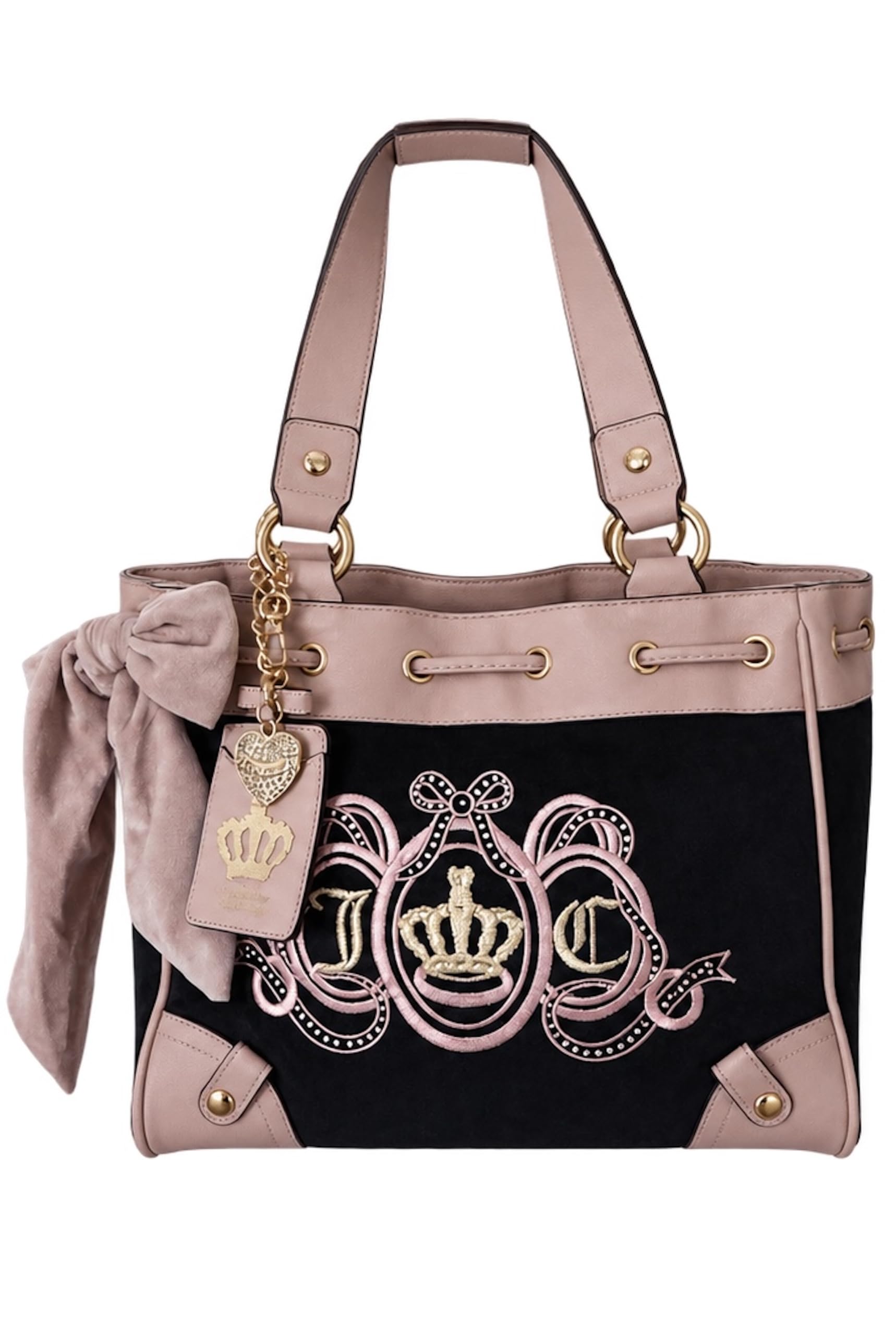 Juicy Couture Vintage Dreams Daydreamer Tote Bag, Handbag with Bow Accent & Shoulder Straps, 12 x 11 Inches Liquorice Black and Pink- Juicy Lover's Club