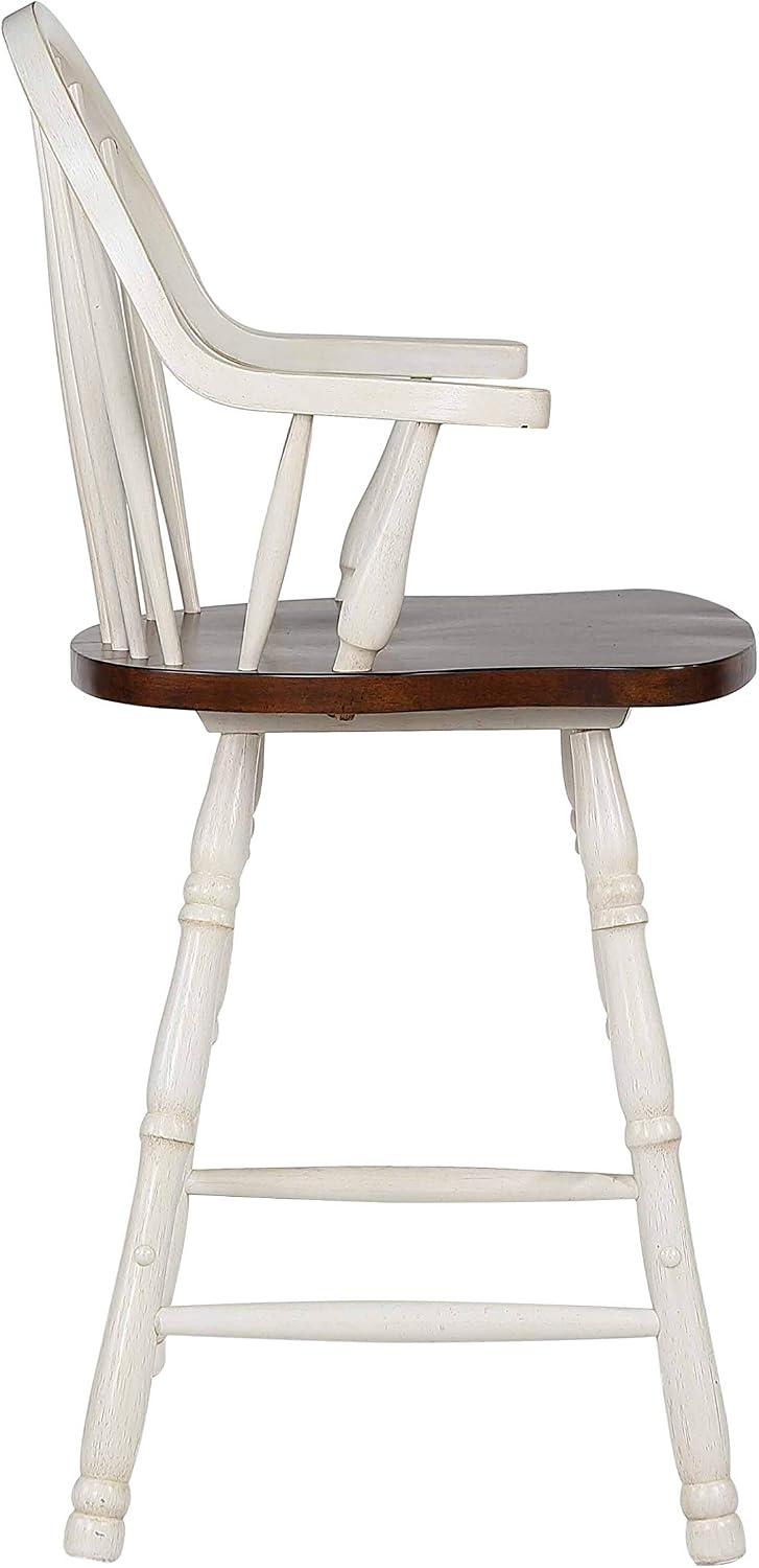 Sunset Trading Andrews 24" Windsor Barstool with Arms | Counter Height Stool | Antique White and Chestnut Brown | Set of 2