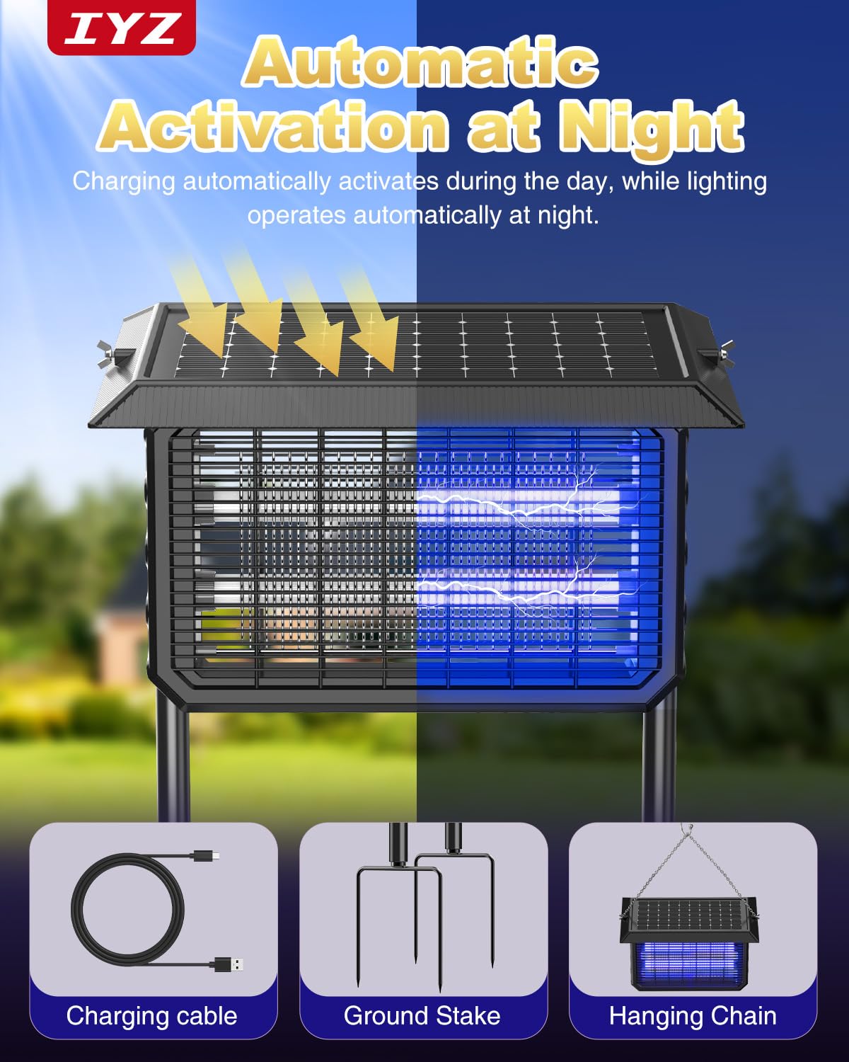 IYZ Trappola per insetti solare per esterni, impermeabile, 3 in 1, senza fili, con doppia alimentazione (solare + USB) e batteria da 6000 mAh, lampada antizanzare per cortile, patio, giardino, camper