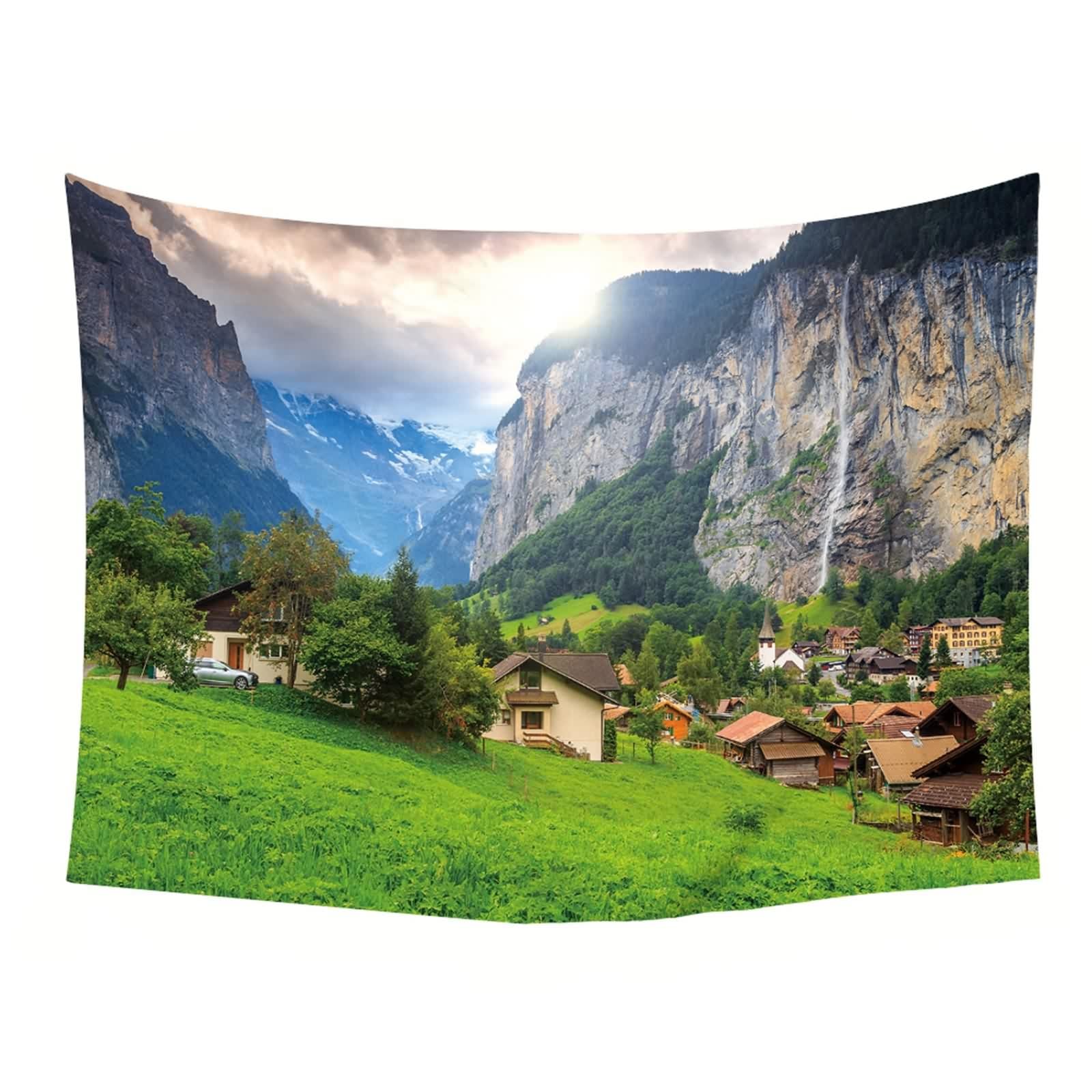 Tolldek Dywan ścienny zielony, 300 x 256 cm, naturalny krajobraz, ozdoba na ścianę, wioska, góra, gobelin, chusta ścienna z naturą, dekoracja domu