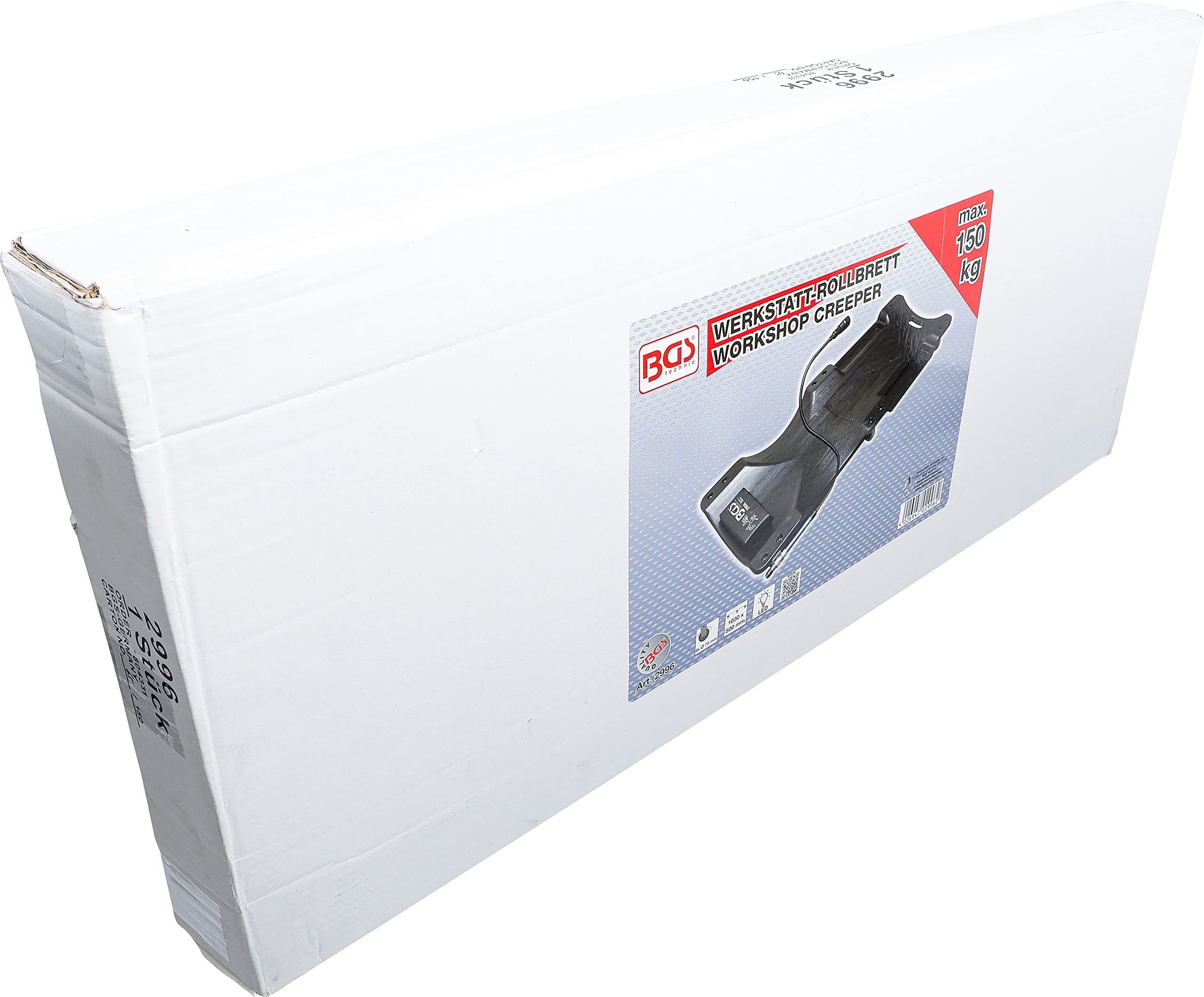 BGS 2996 | Camilla de taller | con luz de trabajo | 1030 x 500 mm | Plástico PE resistente, 6 ruedas de 75 mm de diámetro, reposacabezas, máx. Capacidad de carga: 150 kg