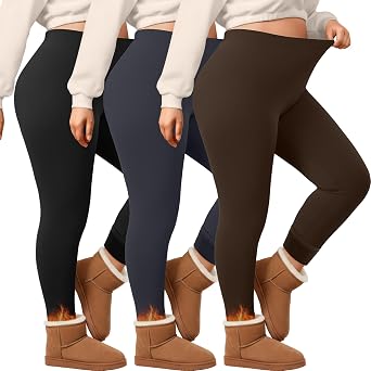 Evervibe 3 Pack Womens Plus Size Fleece Lined Thermal Underwear Pants Elastic High Waist Stretchy Base Layer Pants XL-5XL