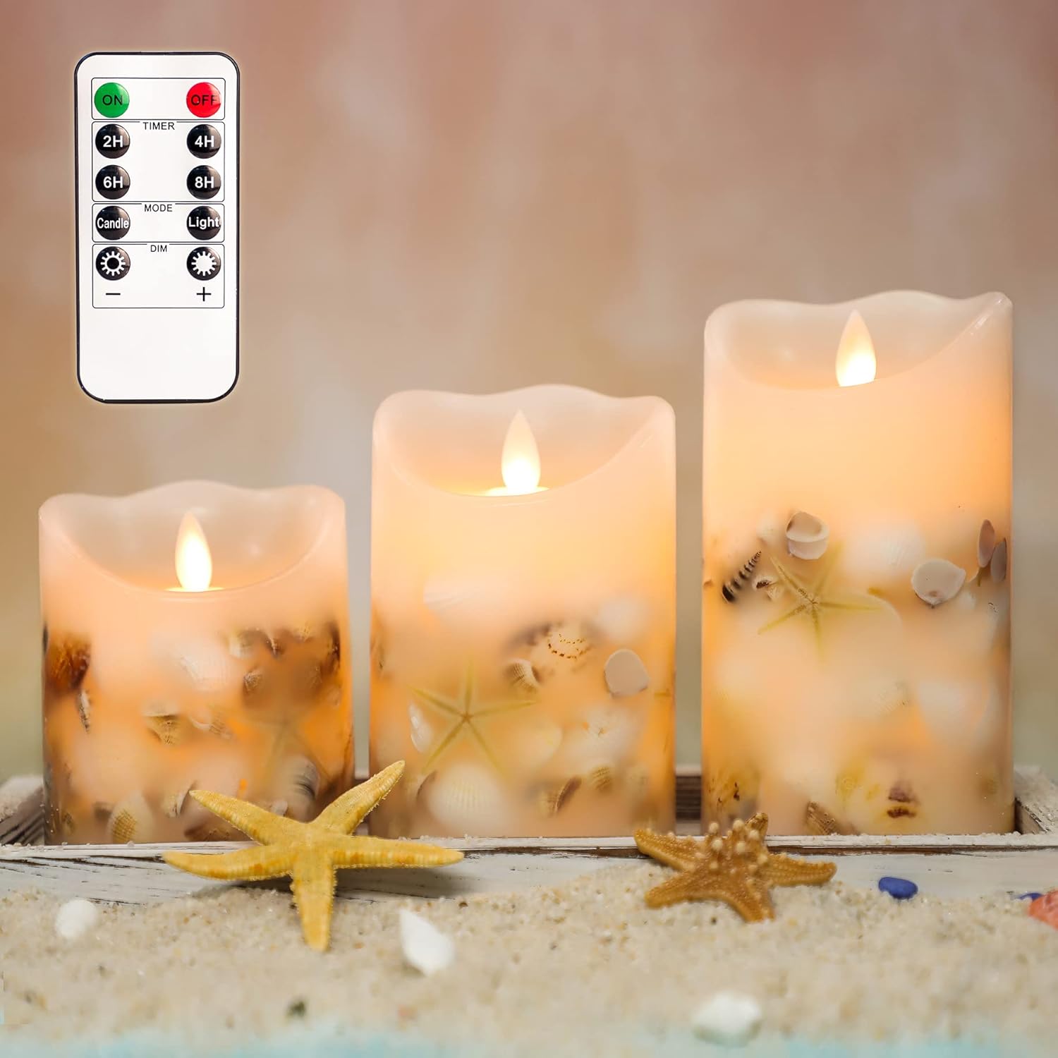SILVERSTRO LED Flameless Candles (D 3.25" x H 4" 5" 6") with Candleholder, Nautical Theme Shell Embedded Candles with Remote, Battery Operated Candles for Party Wedding Christmas Decor : Tools & Home Improvement