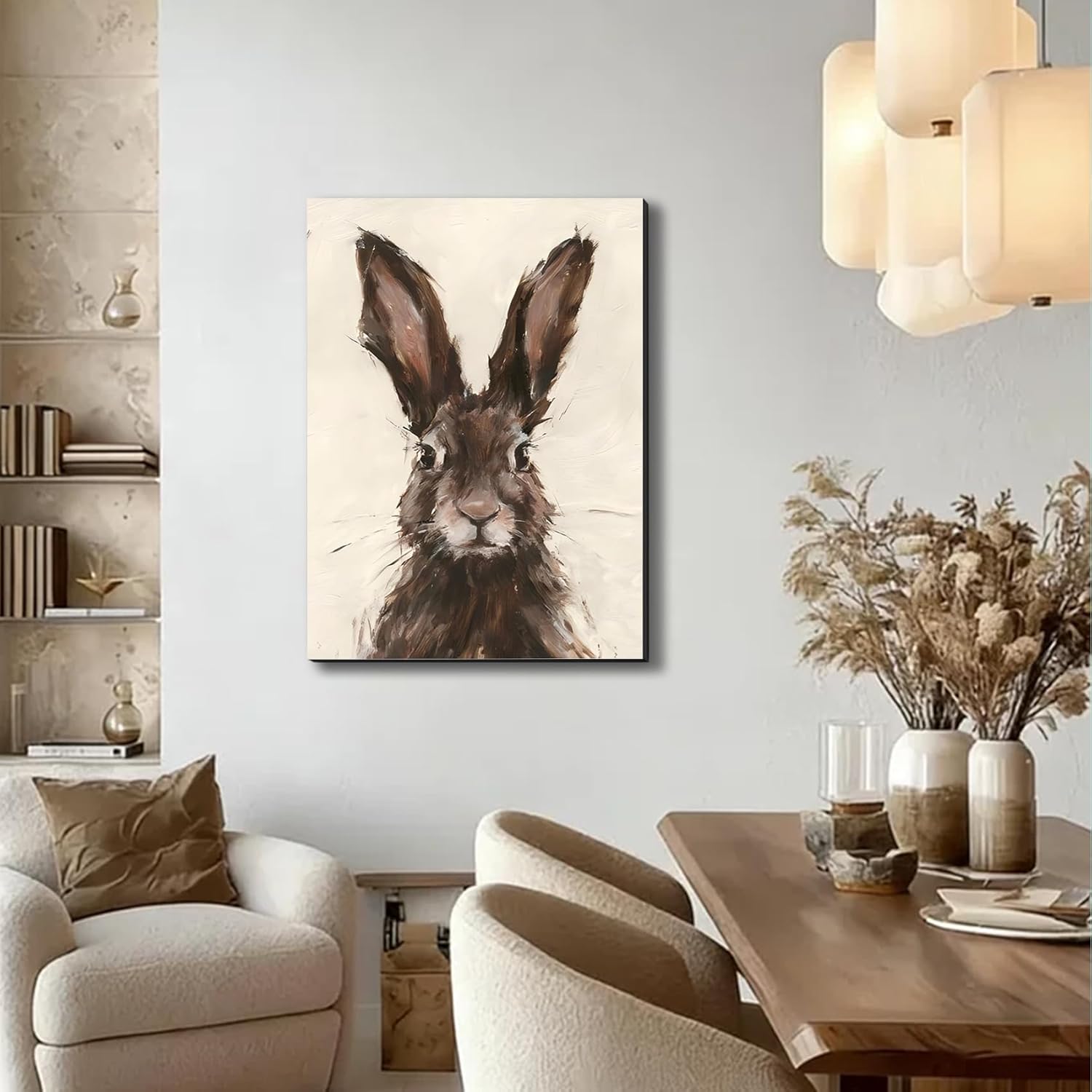 FLZYKGPA Painting Prints Brown Rabbit Canvas Wall Art - Neutral Tone Brushstroke Bunny Portrait, Modern Rustic Decor for Living Room Gallery Kitchen, High Definition Print Ready to Hang Artwork