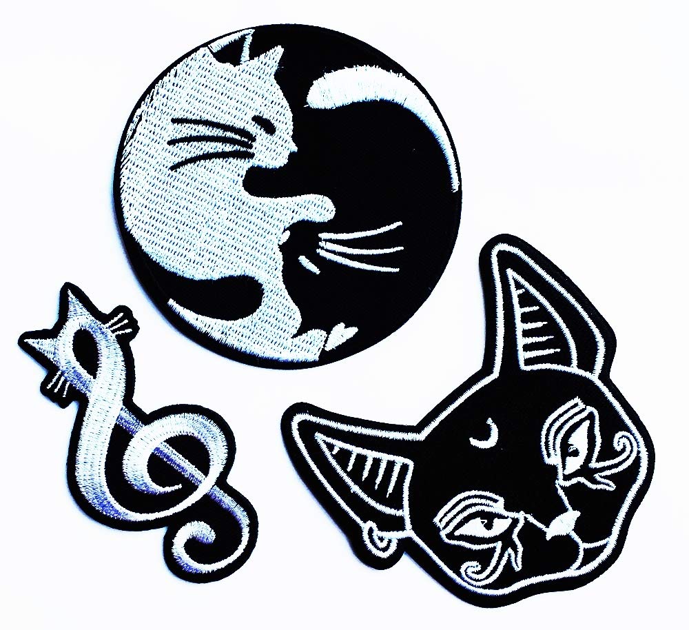 Set 3 Pcs Cat Kitten Crescent Moon Cat Chinese Dragon Yin Yang Cat Clef Music Notes Kids Cartoon Iron on Embroidered Patch Supplies for Jacket Bags Jeans Backpack Clothes DIY