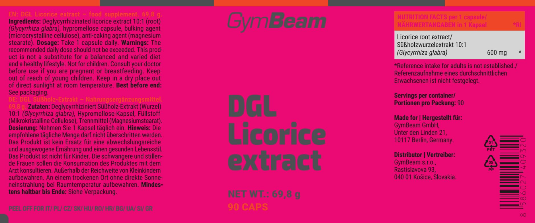GymBeam Estratto di Liquirizia DGL - Estratto Concentrato 10:1, 600 mg per Dose, Supporta Equilibrio Digestivo e Tranquillitá Mentale, Capsule Vegane, 90 cps