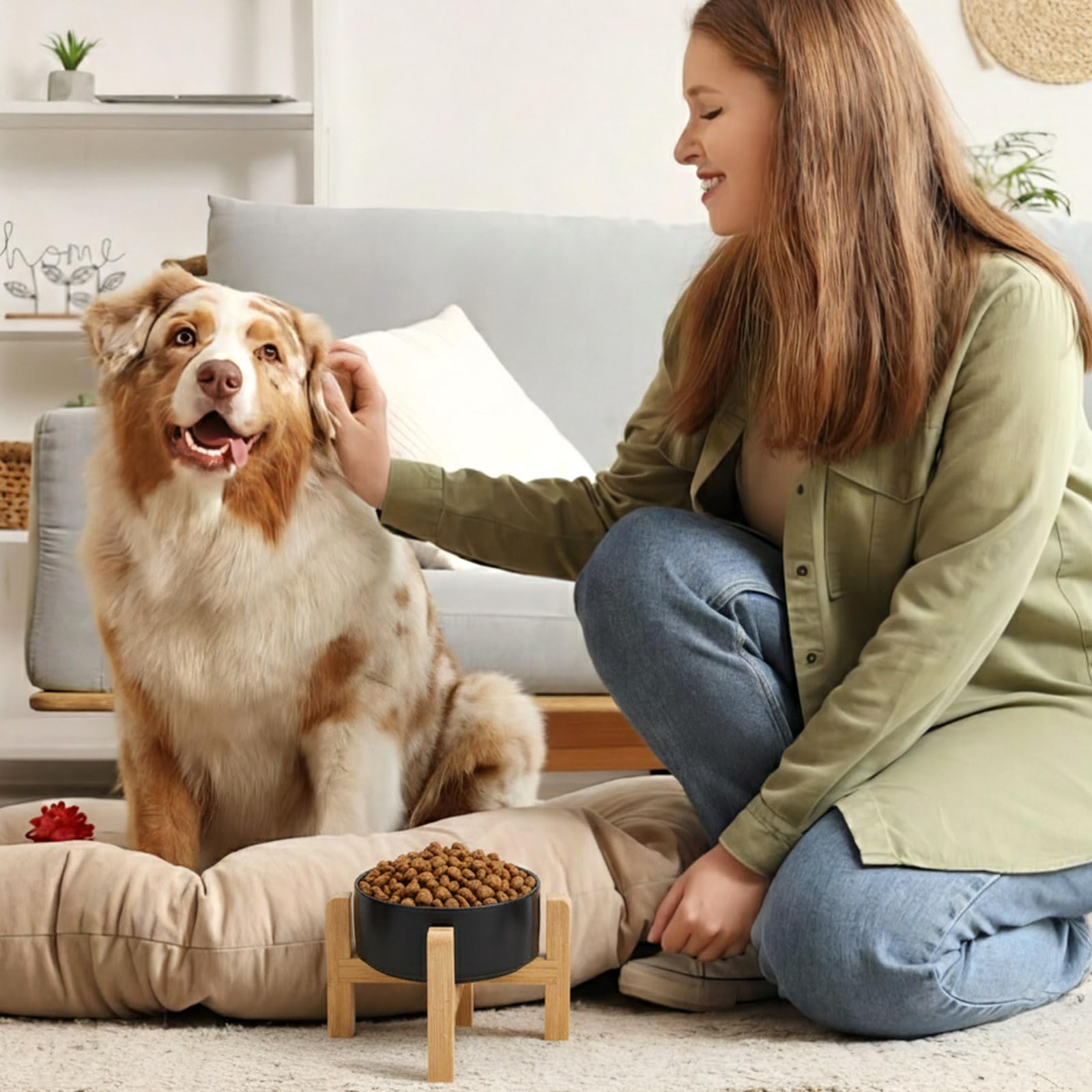 2 gamelle Surélevée en Céramique de 15cm pour Chien Gamelles Surélevées pour Chiens avec Support en Bois Antidérapant Gamelles Robustes pour et Eau aux (Noir et Blanc)