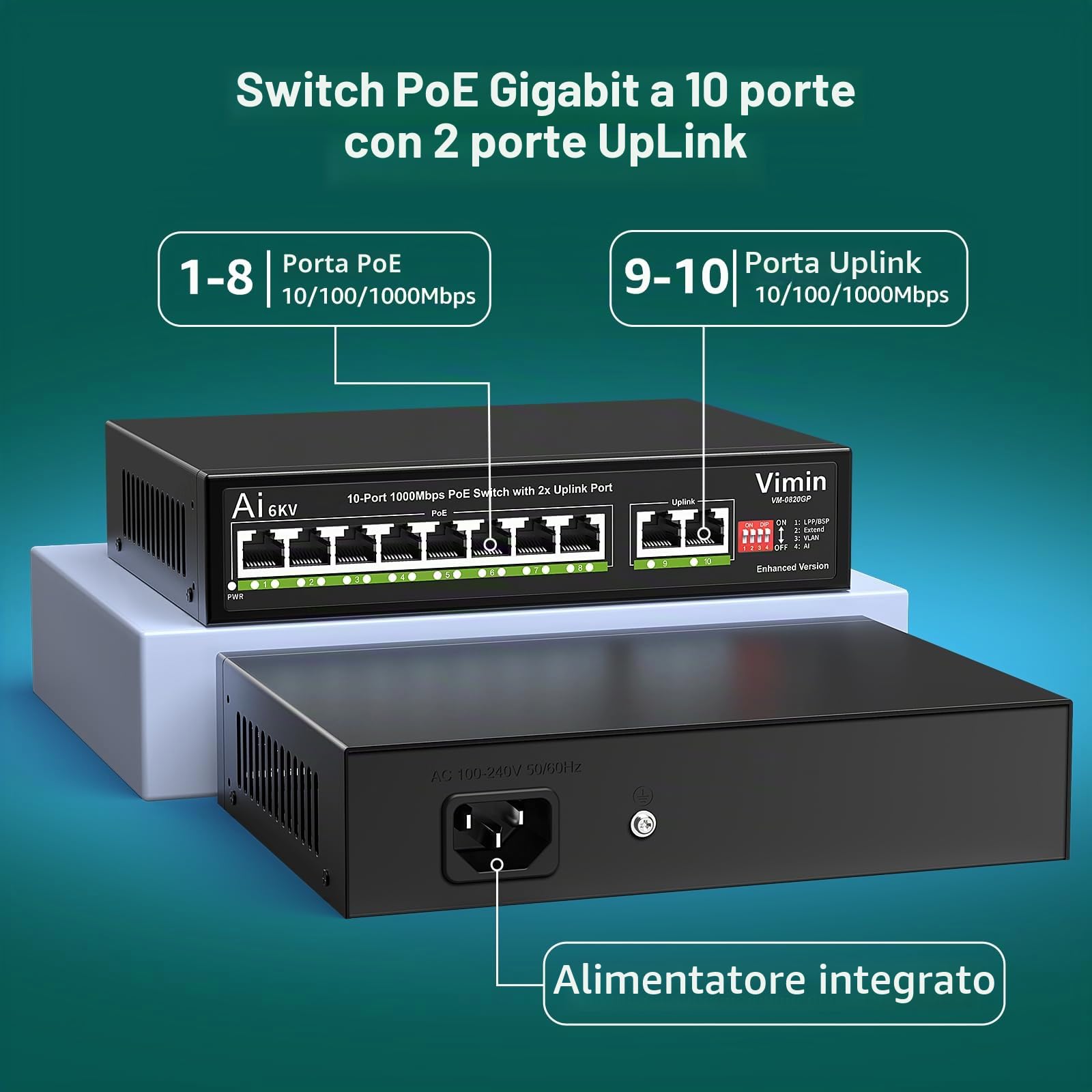 VIMIN Switch Gigabit Poe a 10 Porte con 8 Porte Poe, Switch di Rete Poe a 8 Porte Non Gestito 10/100/1000Mbps con 2 Porte Uplink, AI Watchdog, VLAN, Estensione 250m, Supporta IEEE802.3af/at