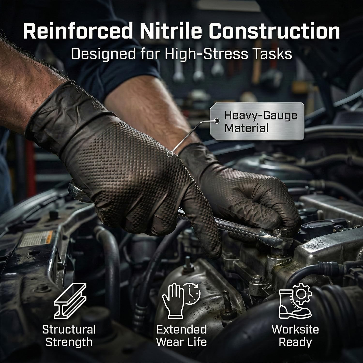 Guanti da meccanico, guanti monouso in nitrile nero con impugnatura diamantata, senza polvere, senza lattice, extra spessi e resistenti, per uso lavorativo, automobilistico, industriale e